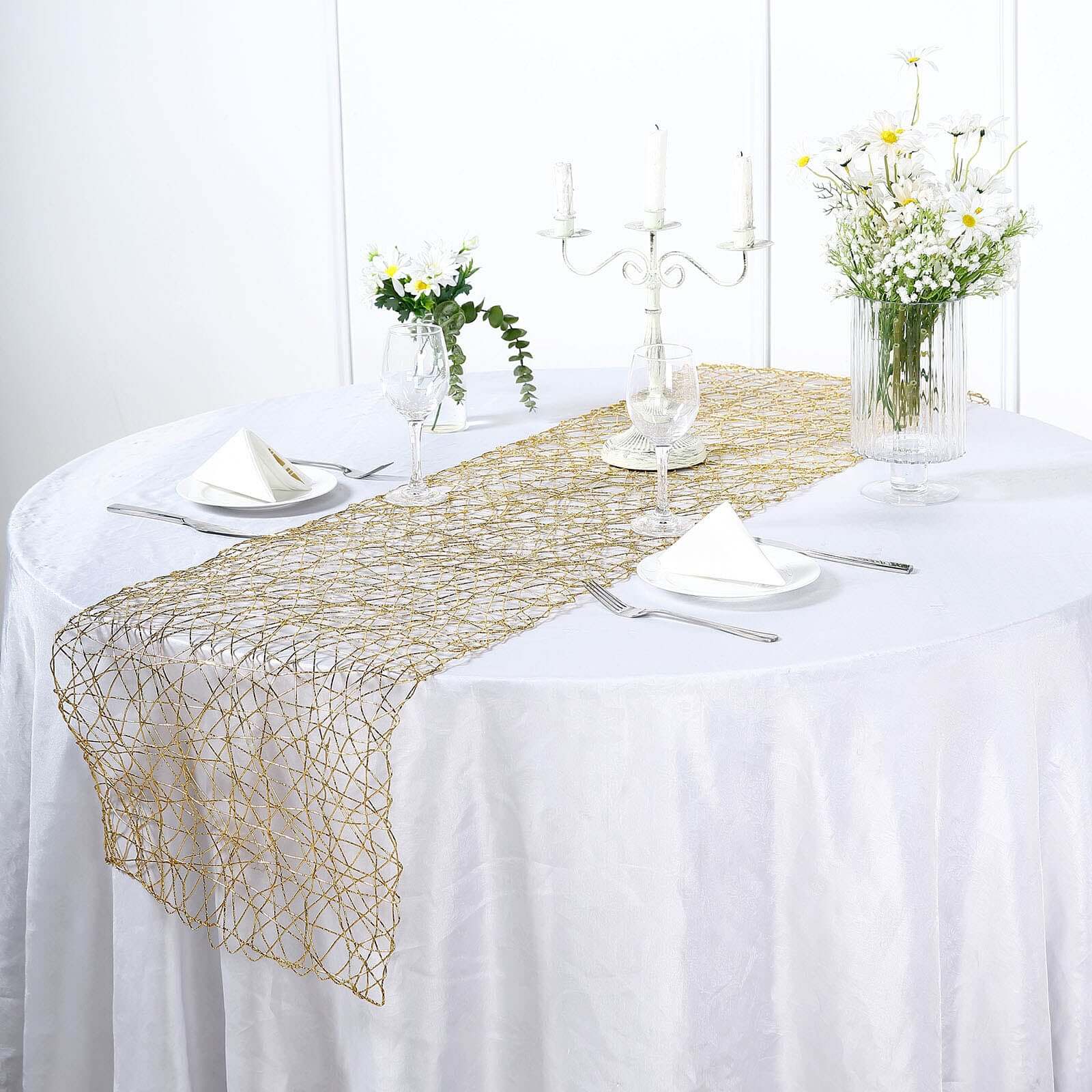 Hot Sale! 16x72 Gold Foil Wrapped Metallic String Woven Table Runner for Decor