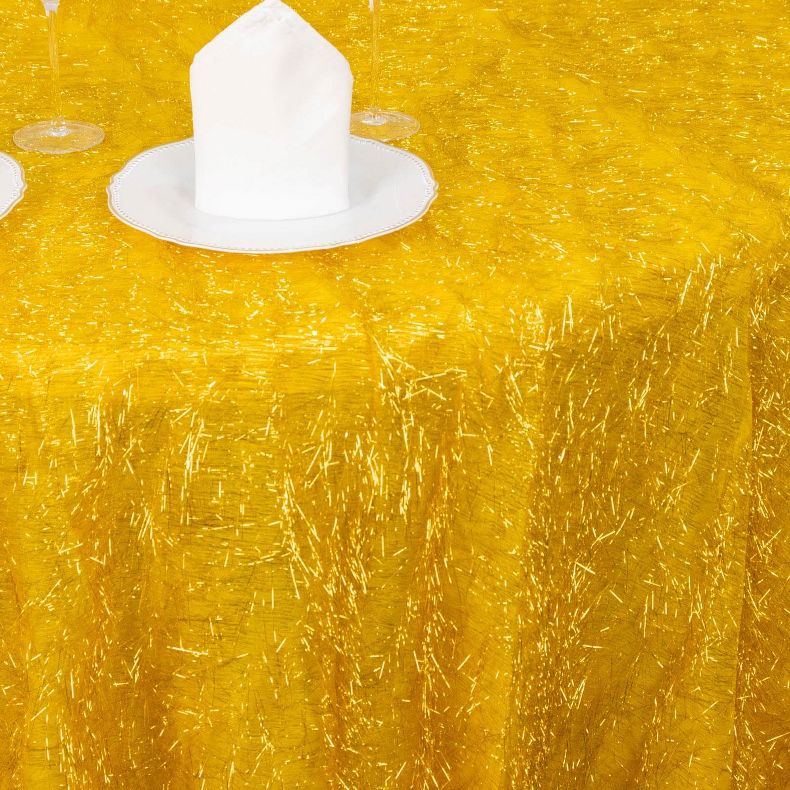 120-Inch Round Gold Polyester Tablecloth with Metallic Fringe for Weddings and Events