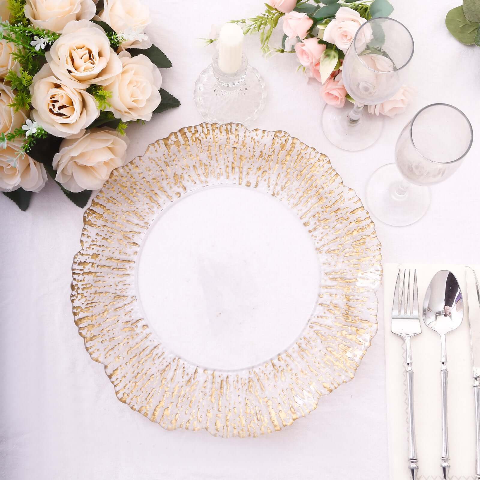 Hot Sale! 6-Pack 12-Inch Clear Plastic Round Charger Plates with Gold Brushed Scalloped Reef Rim for Party Serving