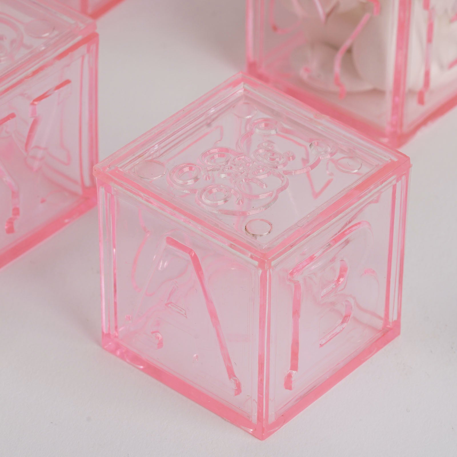 Hot Sale! 12-Pack Pink Plastic Fillable Baby Shower Candy Gift Boxes in Transparent Baby Blocks Shape