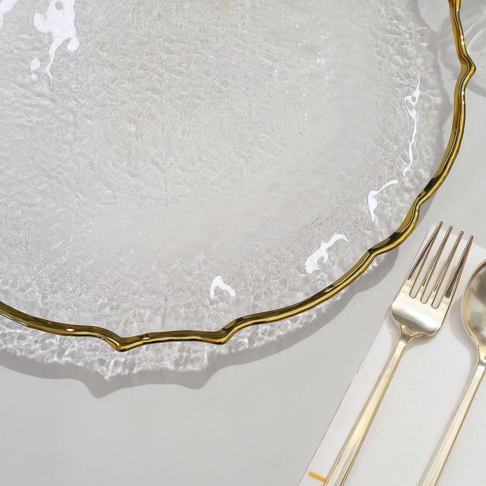 8-Piece Set of 13-Inch Clear Glass Charger Plates with Gold Sunflower Scalloped Edges