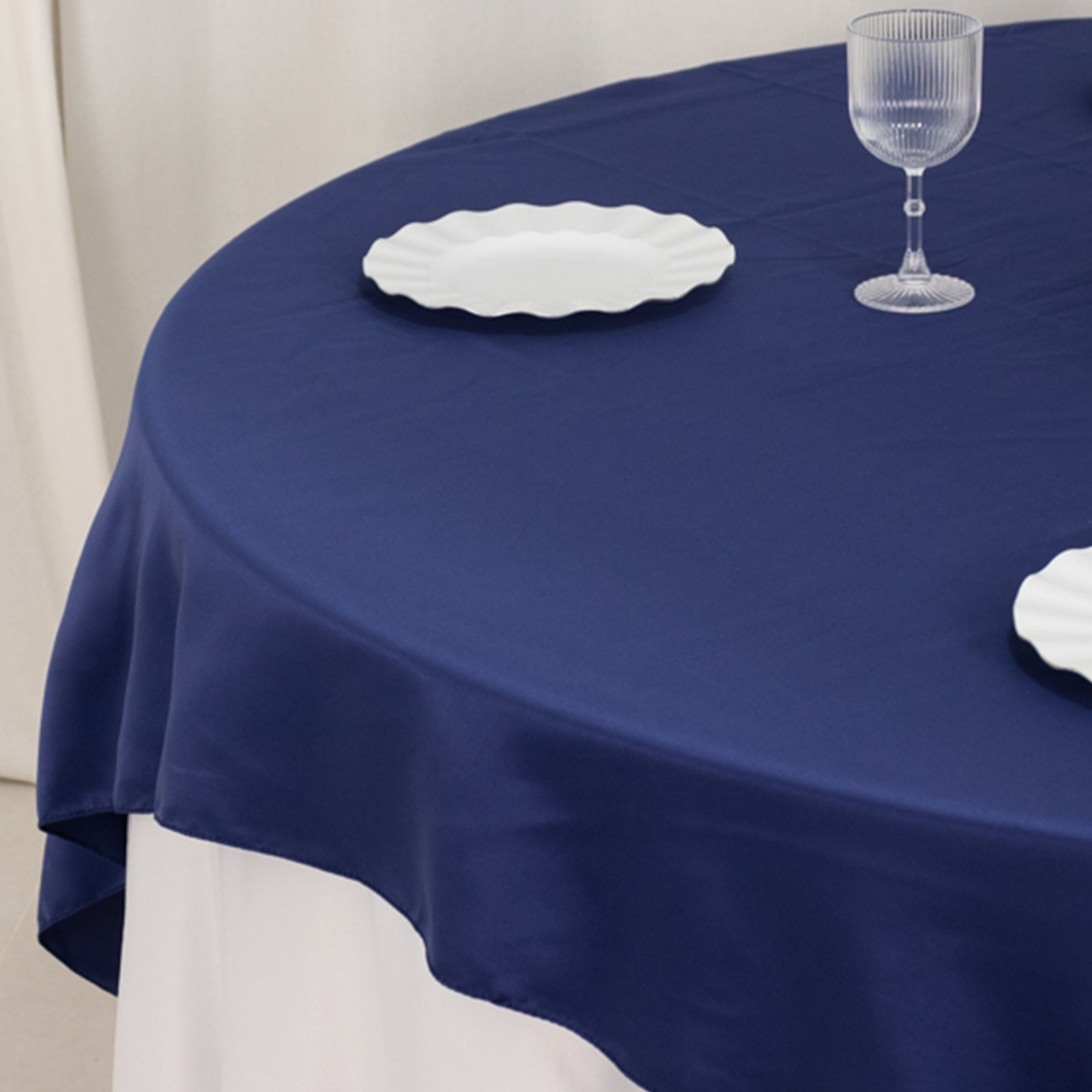 Navy Blue Lamour Satin Square Table Overlay 72x72 - High - Quality Smooth Table Topper