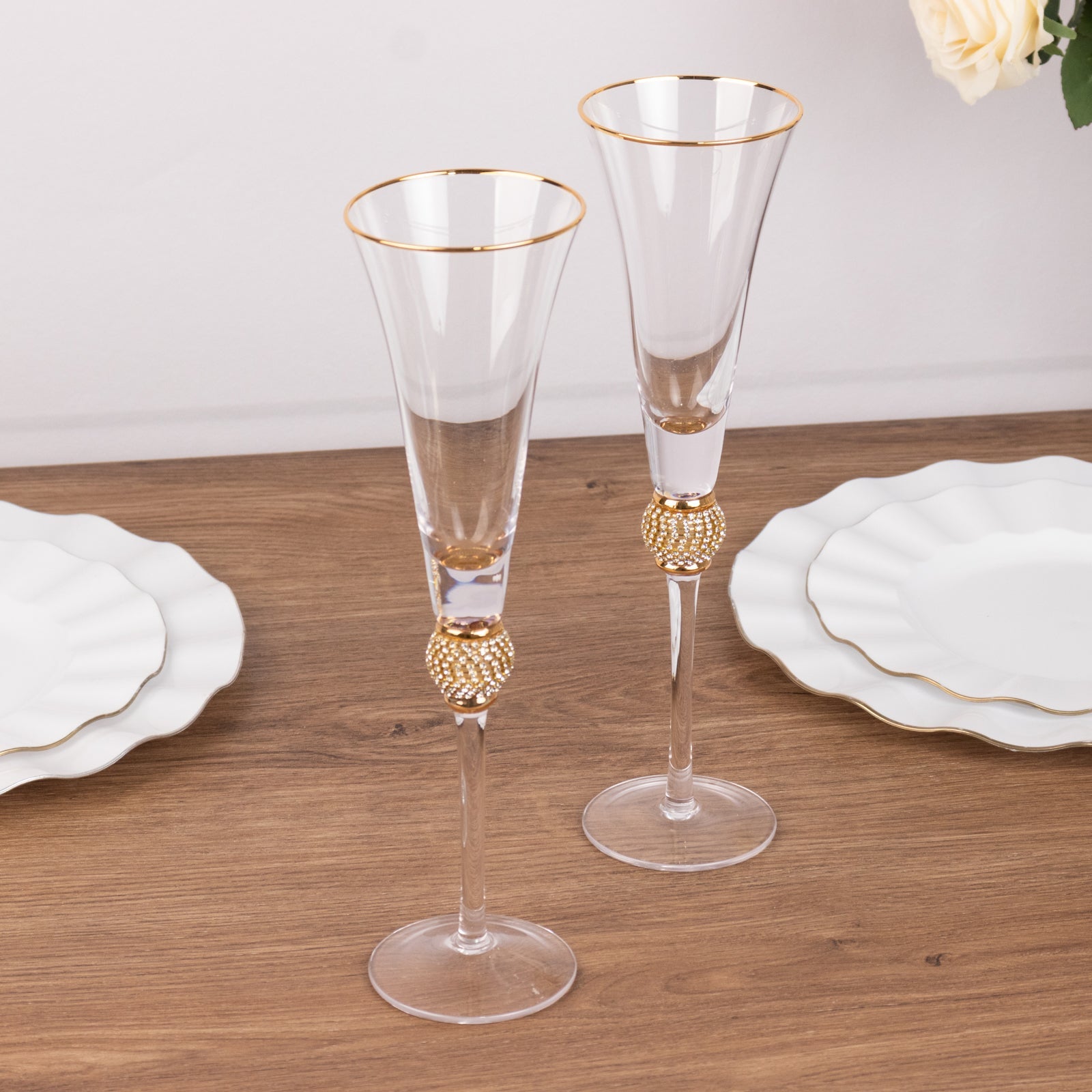 Hot Deal! 6-Pack Clear Champagne Flute Glasses with Gold Rim and Studded Rhinestones, 6oz 11"