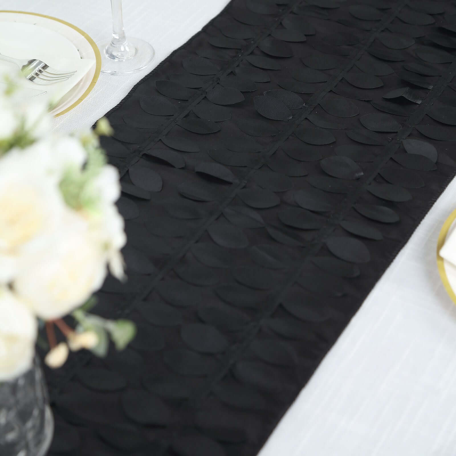Exclusive Black Taffeta Table Runner with 3D Leaf Petal Design