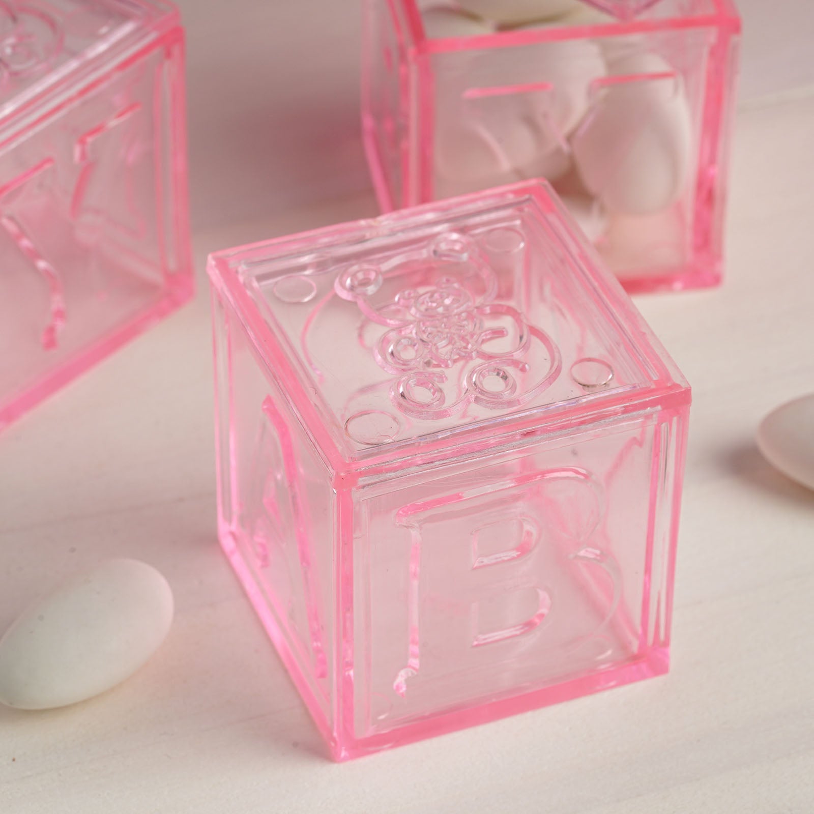 Hot Sale! 12-Pack Pink Plastic Fillable Baby Shower Candy Gift Boxes in Transparent Baby Blocks Shape
