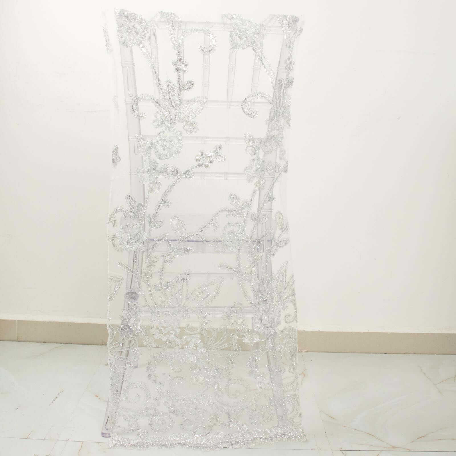 White Organza Chiavari Chair Slipcover with Floral Sequin Embroidery - Ideal for Weddings