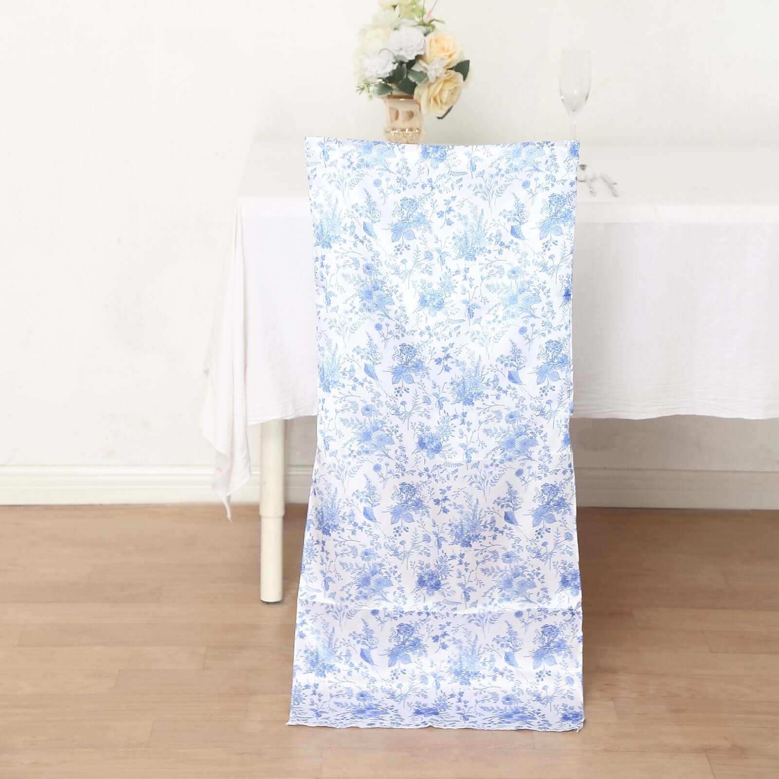 Hot! Satin French Toile Floral Slipcover for Chiavari Chairs in White/Blue - Ideal for Weddings