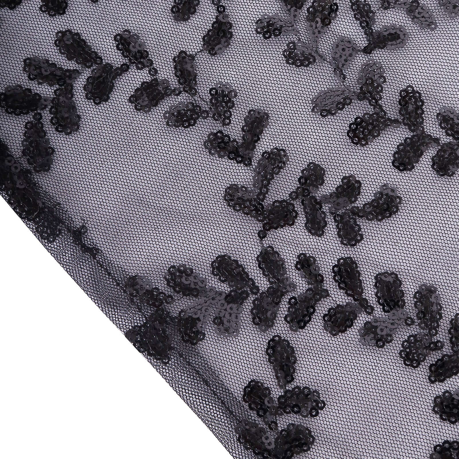 Sparkling Seamless Black Tulle Round Tablecloth with Leaf Embroidered for Special Events