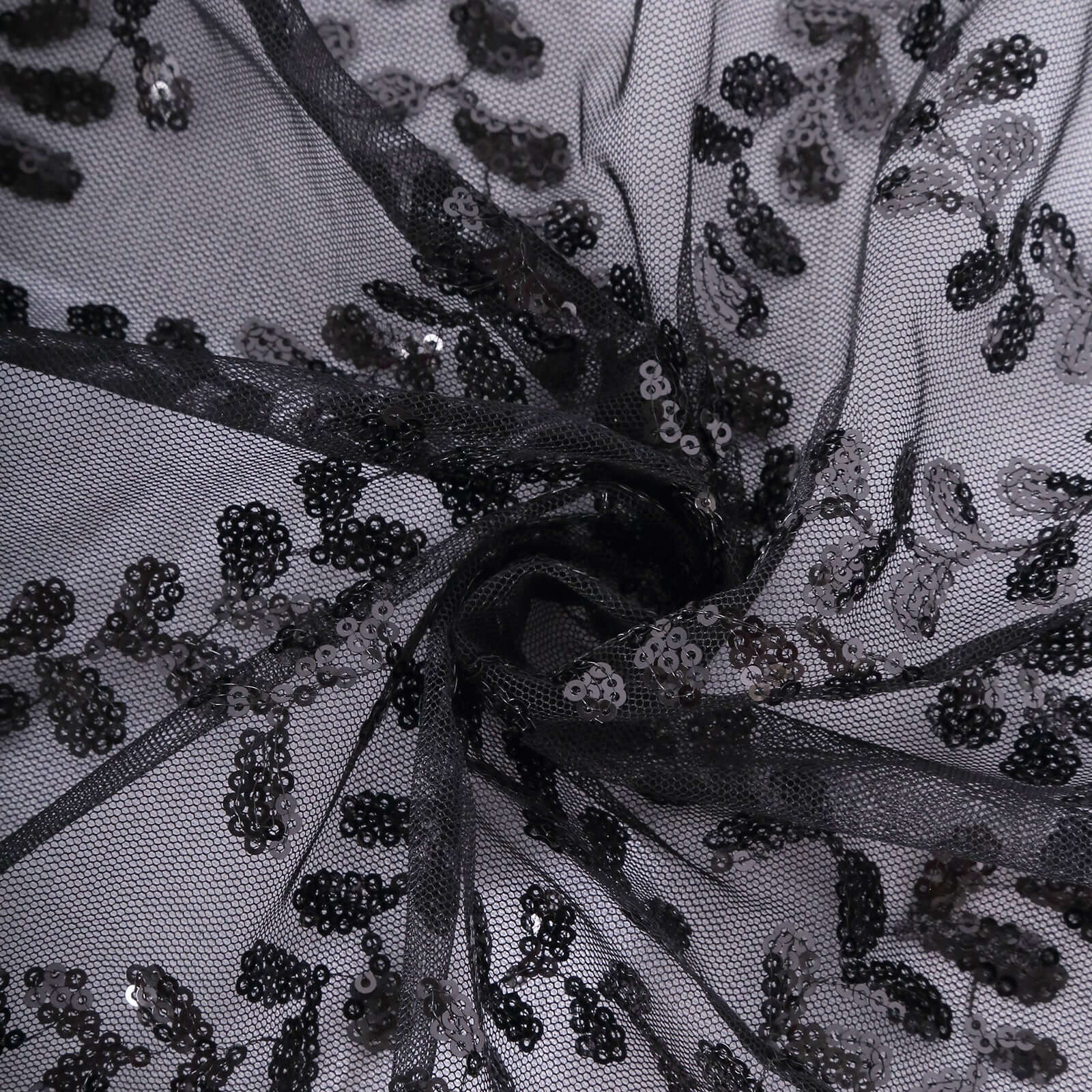 Sparkling Seamless Black Tulle Round Tablecloth with Leaf Embroidered for Special Events