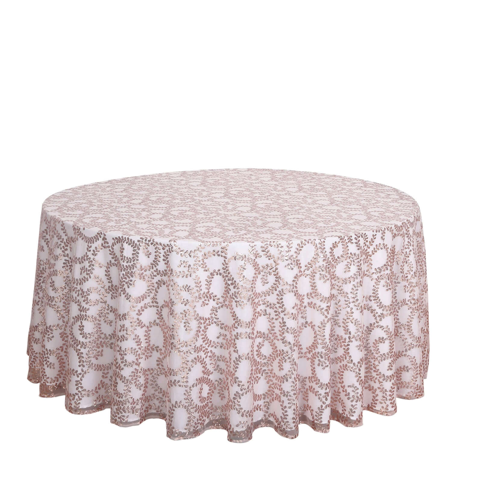 Hot Sale! 120' Round Seamless Rose Gold Tulle Tablecloth with Embroidered Sequin Leaf Design