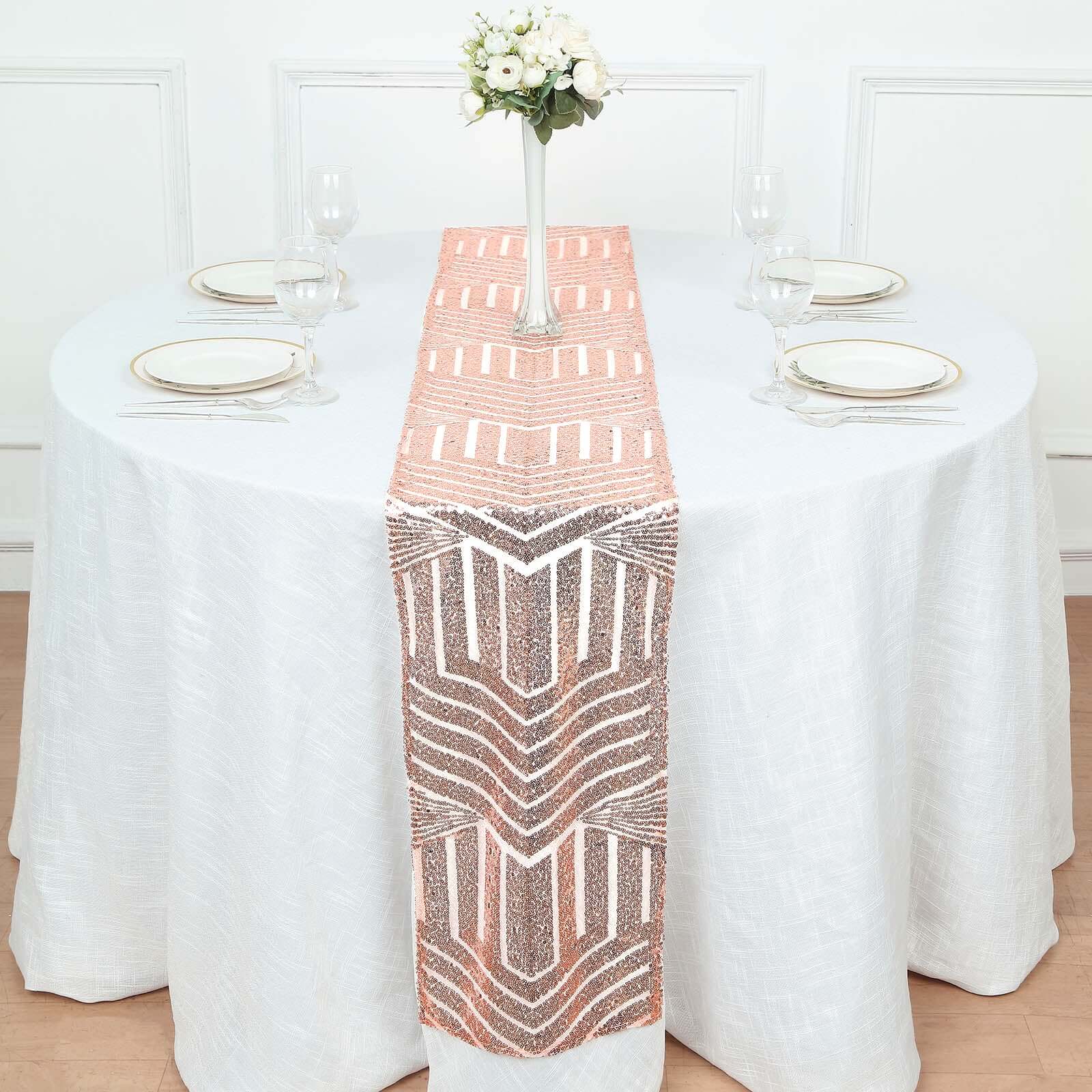 Hot! Rose Gold Sequin 12x108 Table Runner with Diamond Glitz
