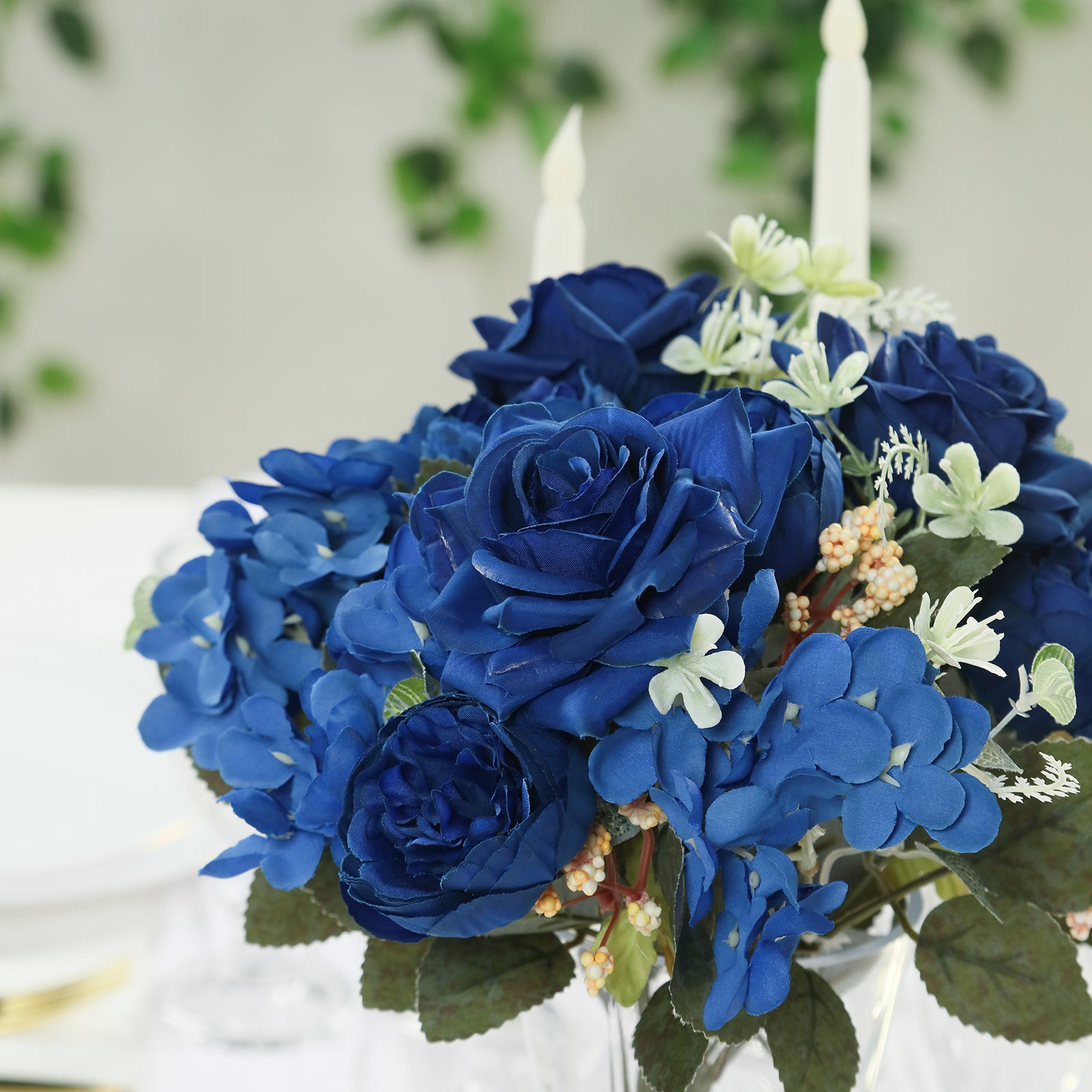 2-Pack Navy Blue Silk Artificial Rose & Peony Floral Arrangements for Weddings and Home Decor