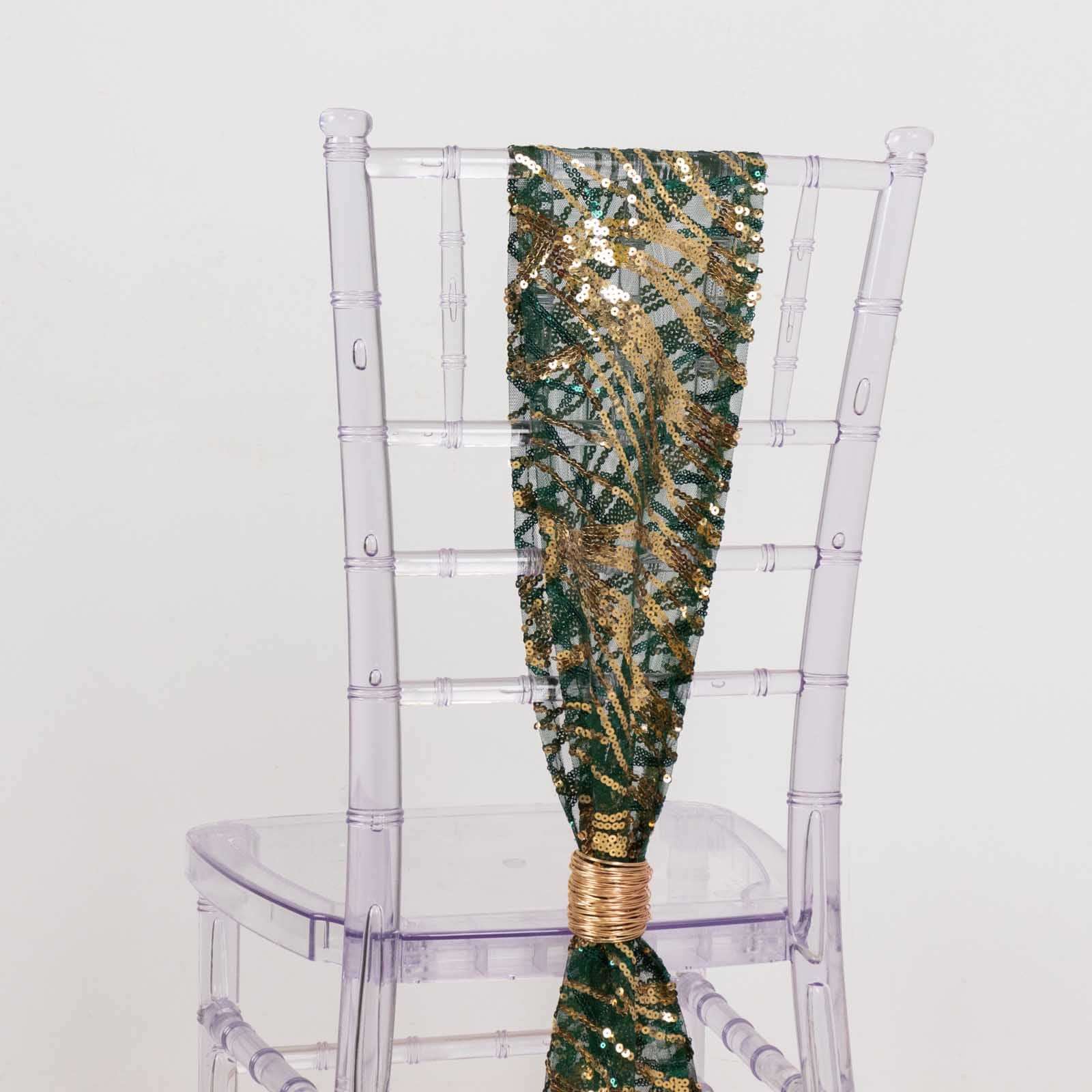Special Offer! 5-Piece Chair Sashes in Sparkling Hunter Emerald Green/Gold with Wave Sequin Design