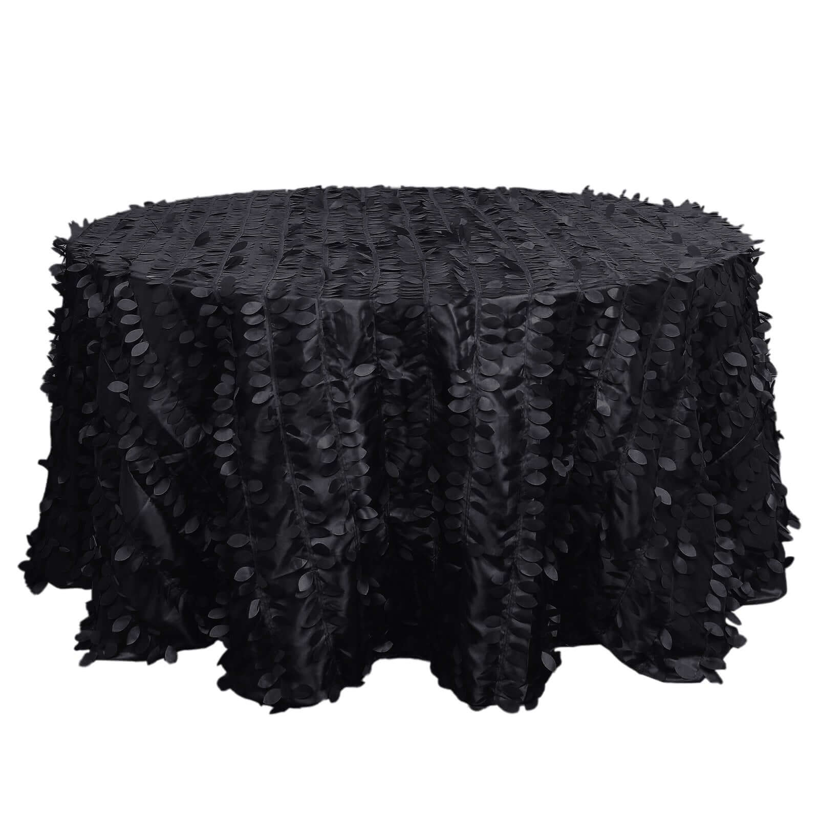 Black 132-Inch Round Taffeta Tablecloth with 3D Leaf Petal Seamless Design