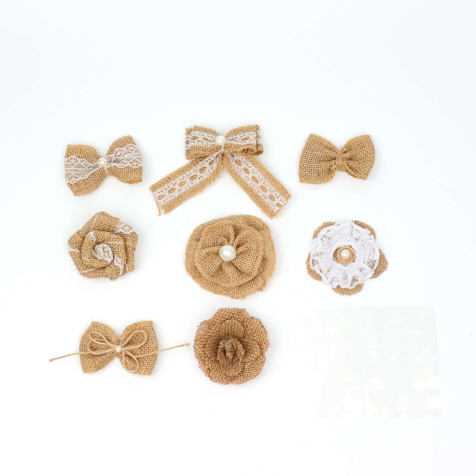 24 Pcs Natural Burlap Flower and Bow Set with Lace Ribbon, 8 Assorted Styles, 30 Sticker Dots Included