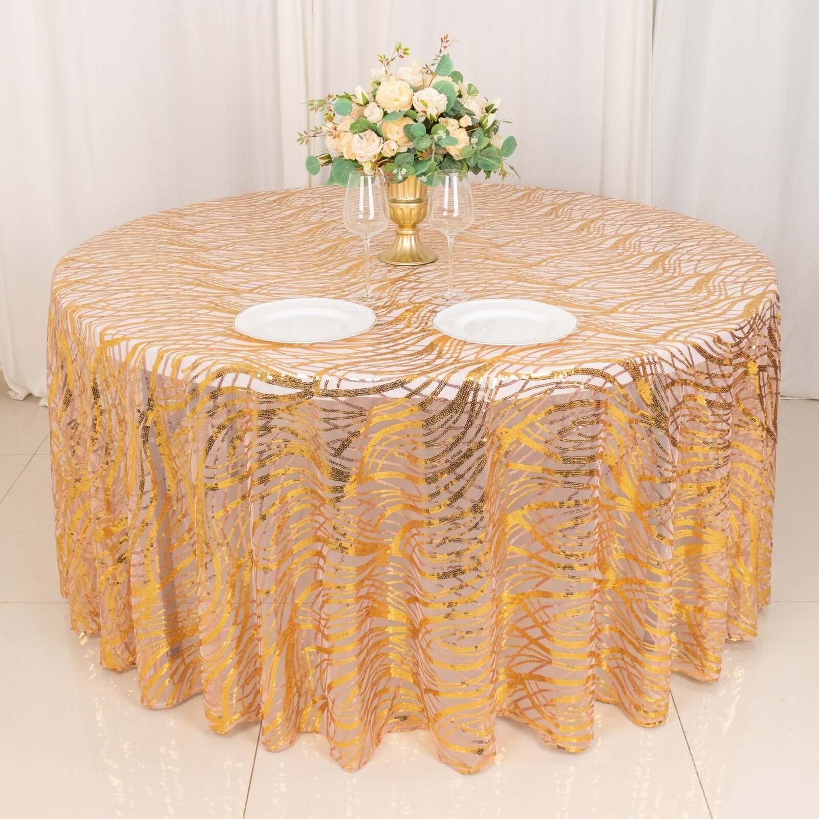 Hot! Rose Gold/Gold Sequin Mesh 120" Round Seamless Tablecloth