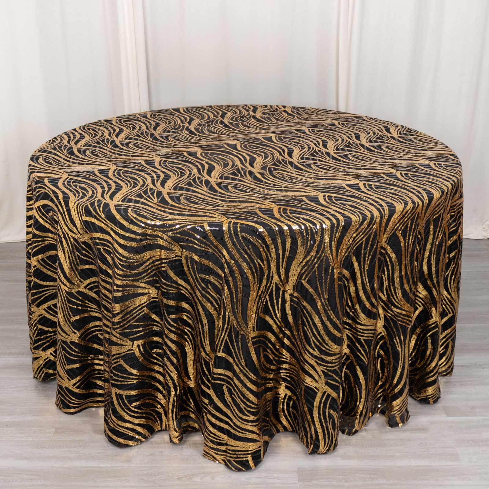 Sparkling Sequin Mesh 120-Inch Round Tablecloth in Black and Gold - Ideal for Events