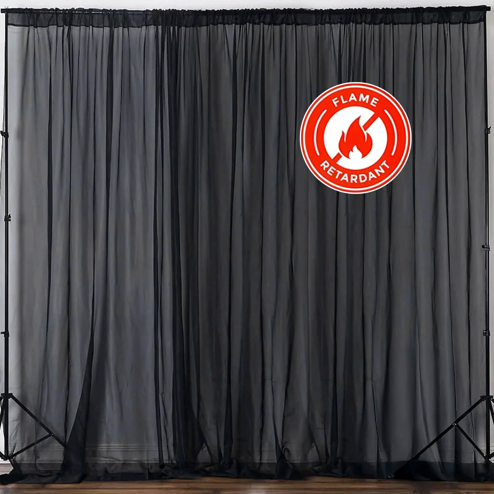 2-Pack 10ftx10ft Black Durable Flame-Resistant Chiffon Event Curtain Drapes with Rod Pockets