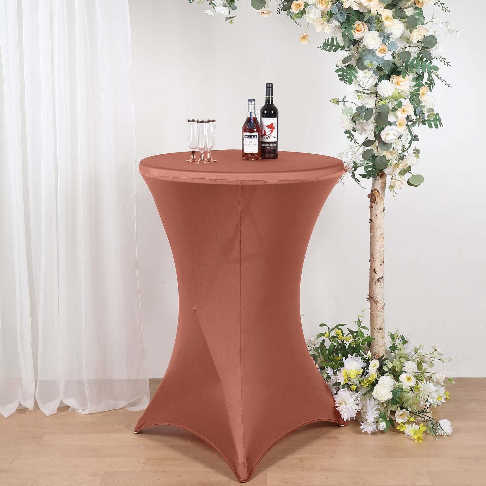 Affordable Stretch Fitted Spandex Cocktail Table Cover in Terracotta (Rust) for 24-32