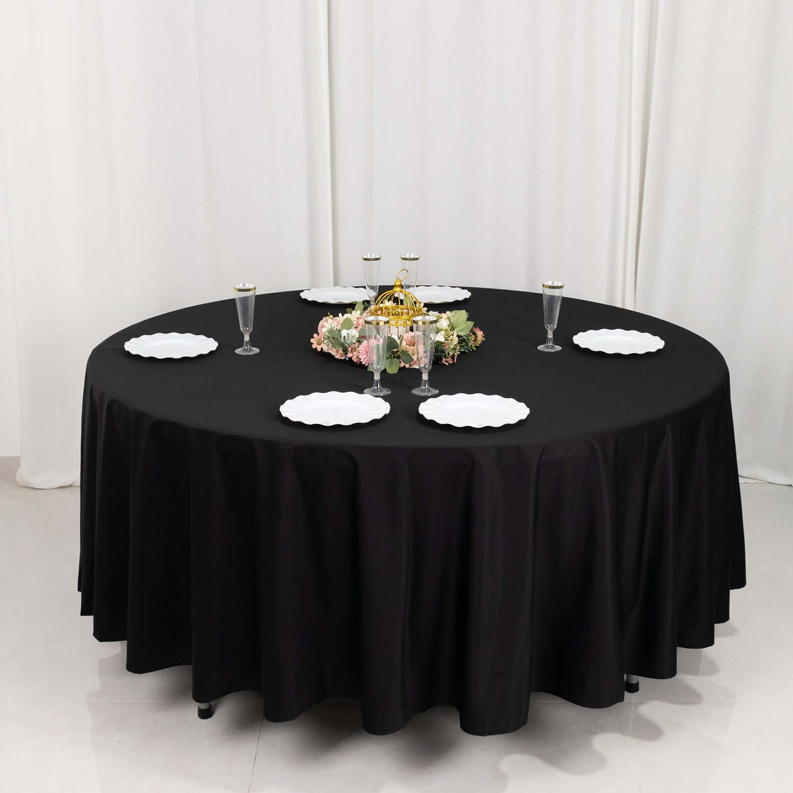 Black 108' Premium Wrinkle-Free & Stain-Resistant Scuba Round Tablecloth for Elegant Events