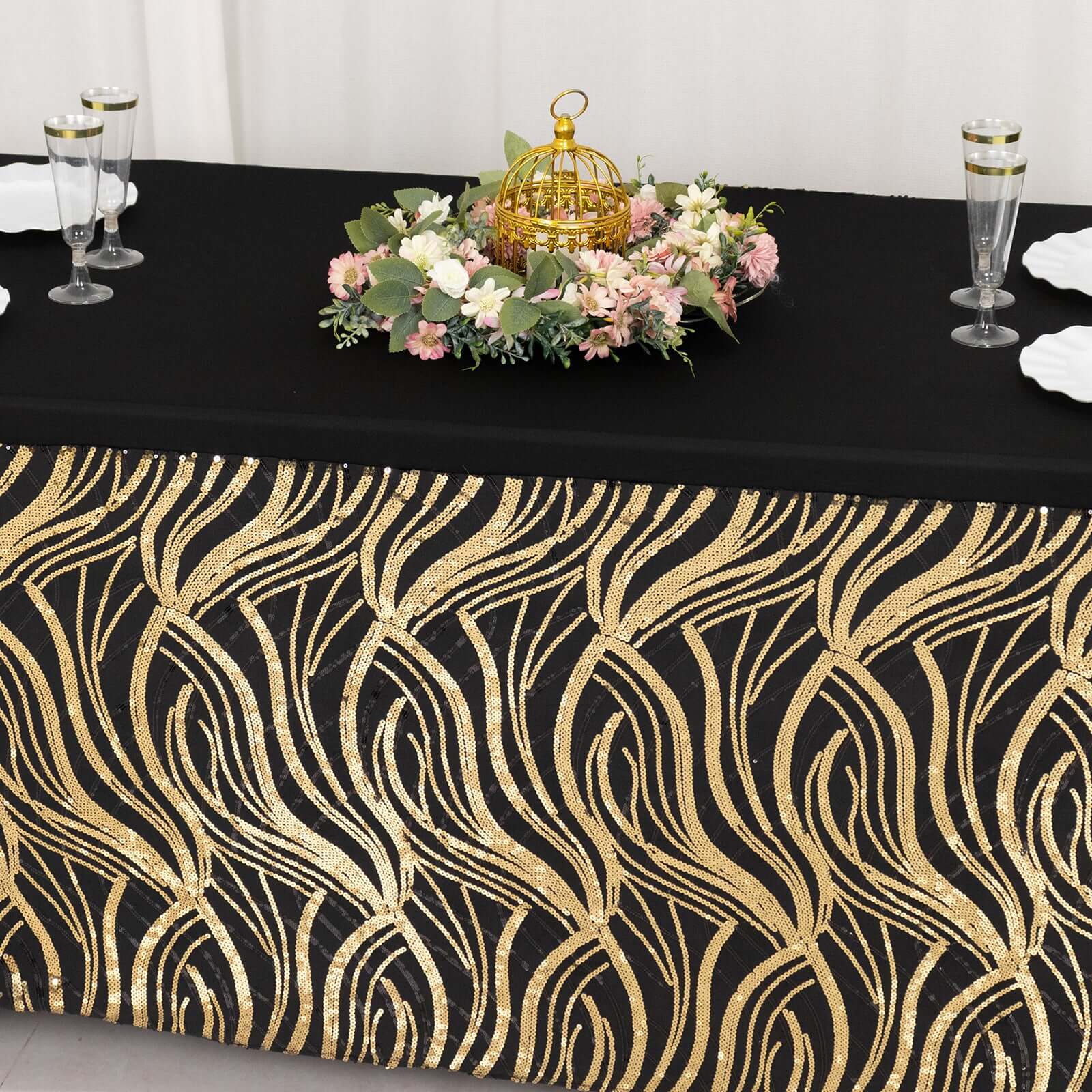 Black/Gold Wave Embroidered Four-Way Stretch Sequin Spandex Tablecloth for Luxe Events