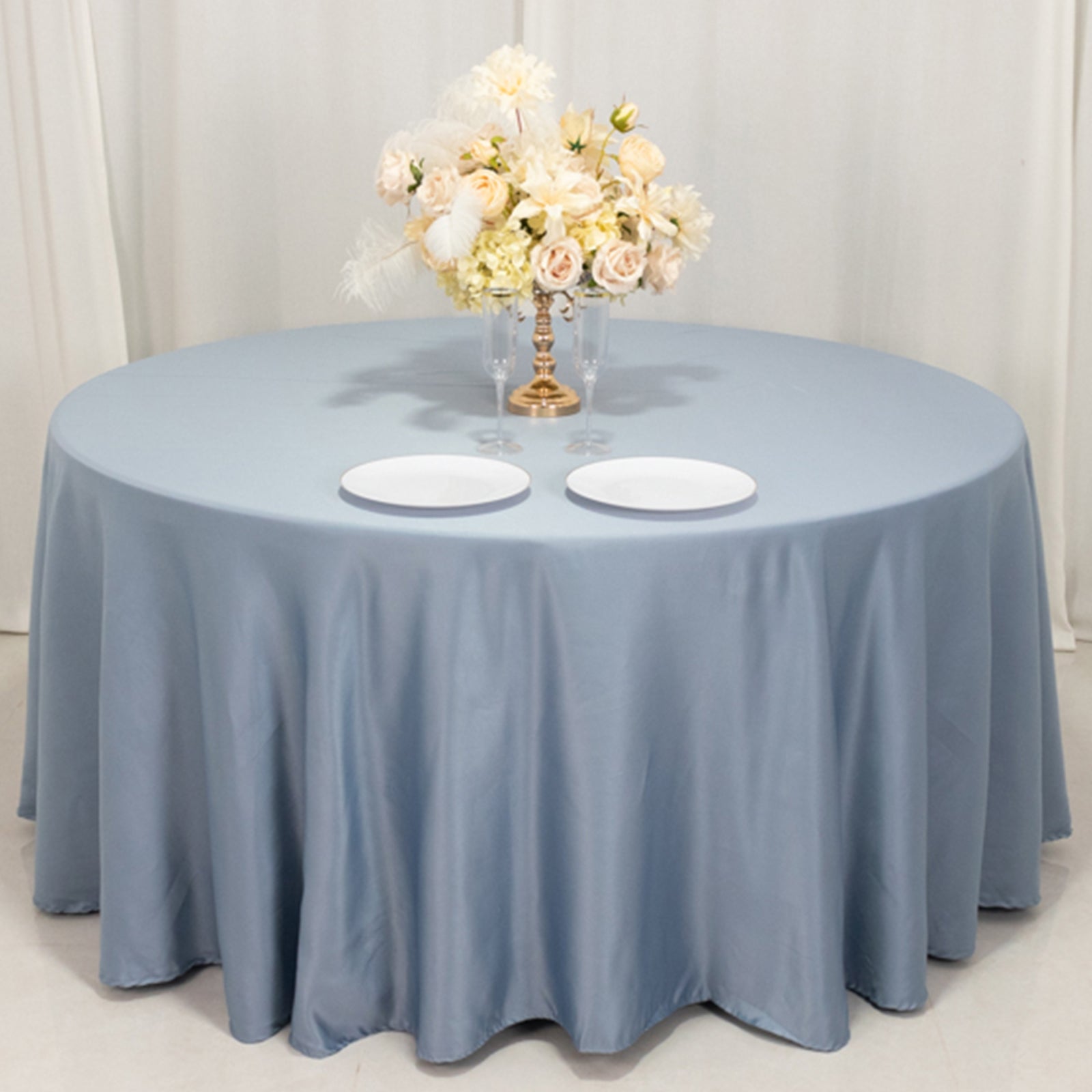 Hot! Dusty Blue Lamour Satin 120" Round Seamless Tablecloth with Soft Sheen