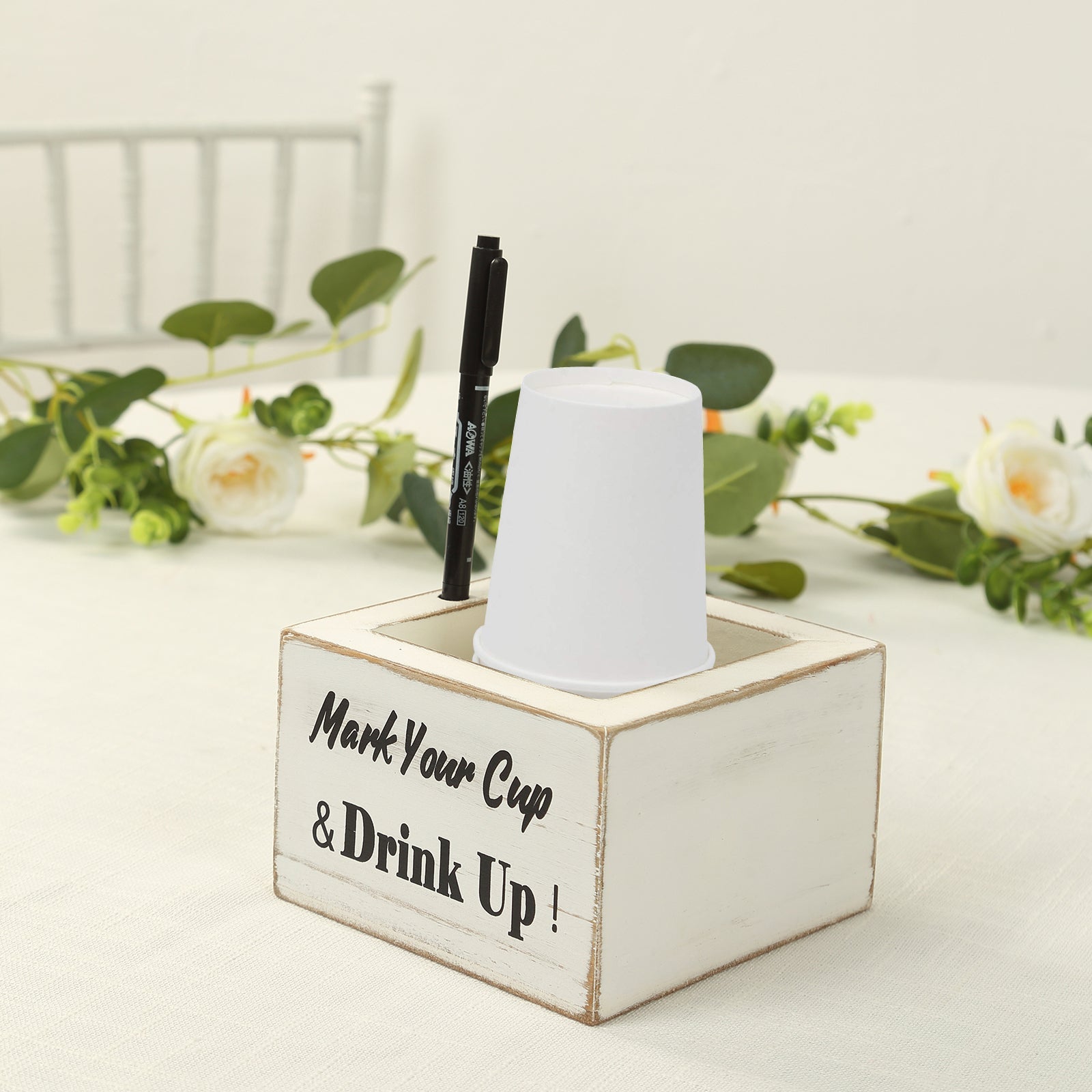Whitewashed Rustic Wooden Solo Cup Holder with Black Marker for Farmhouse Parties, 5.5 inches