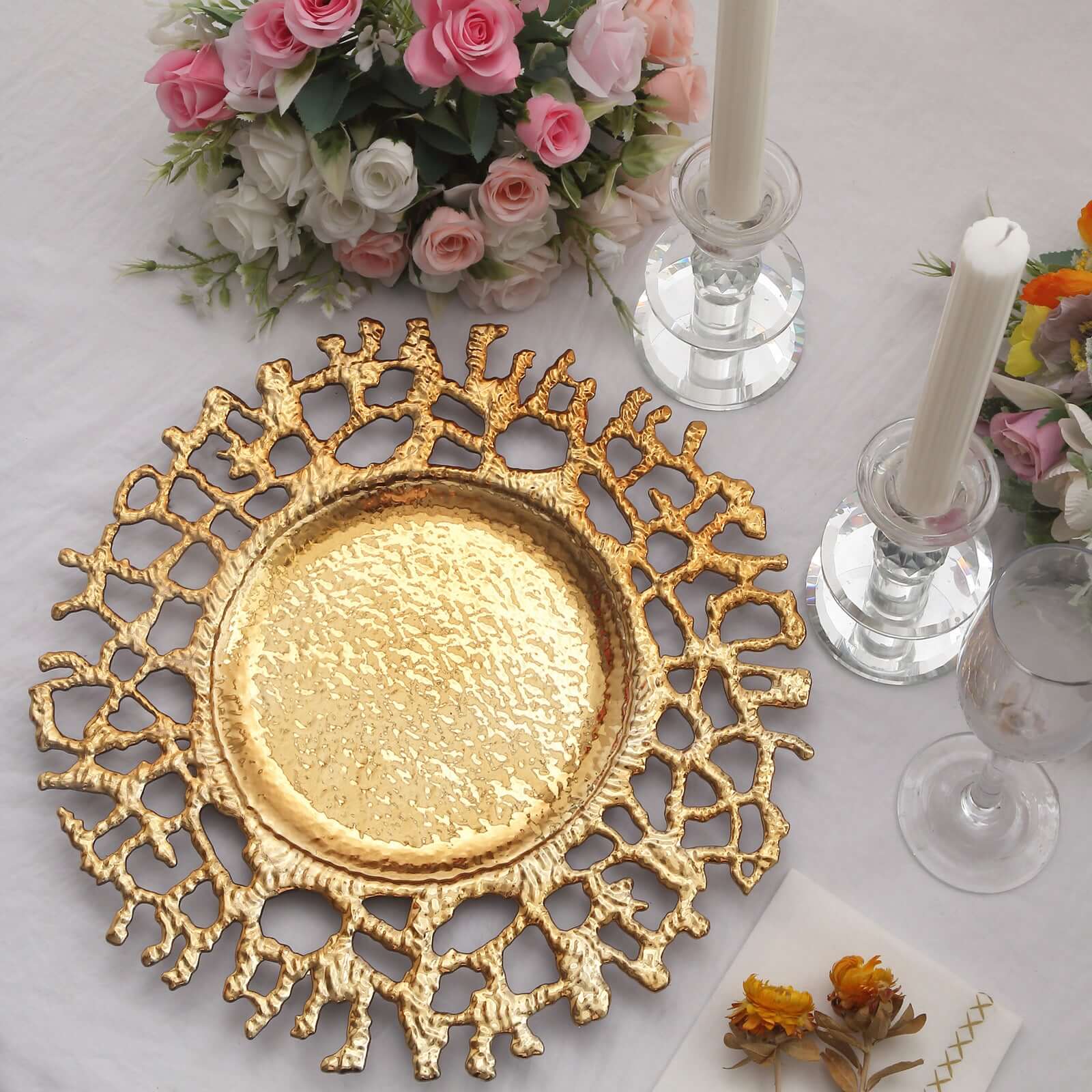 Hot Sale! 6-Pack 13-inch Gold Acrylic Round Charger Plates with Molten Branch Design for Dinner Parties