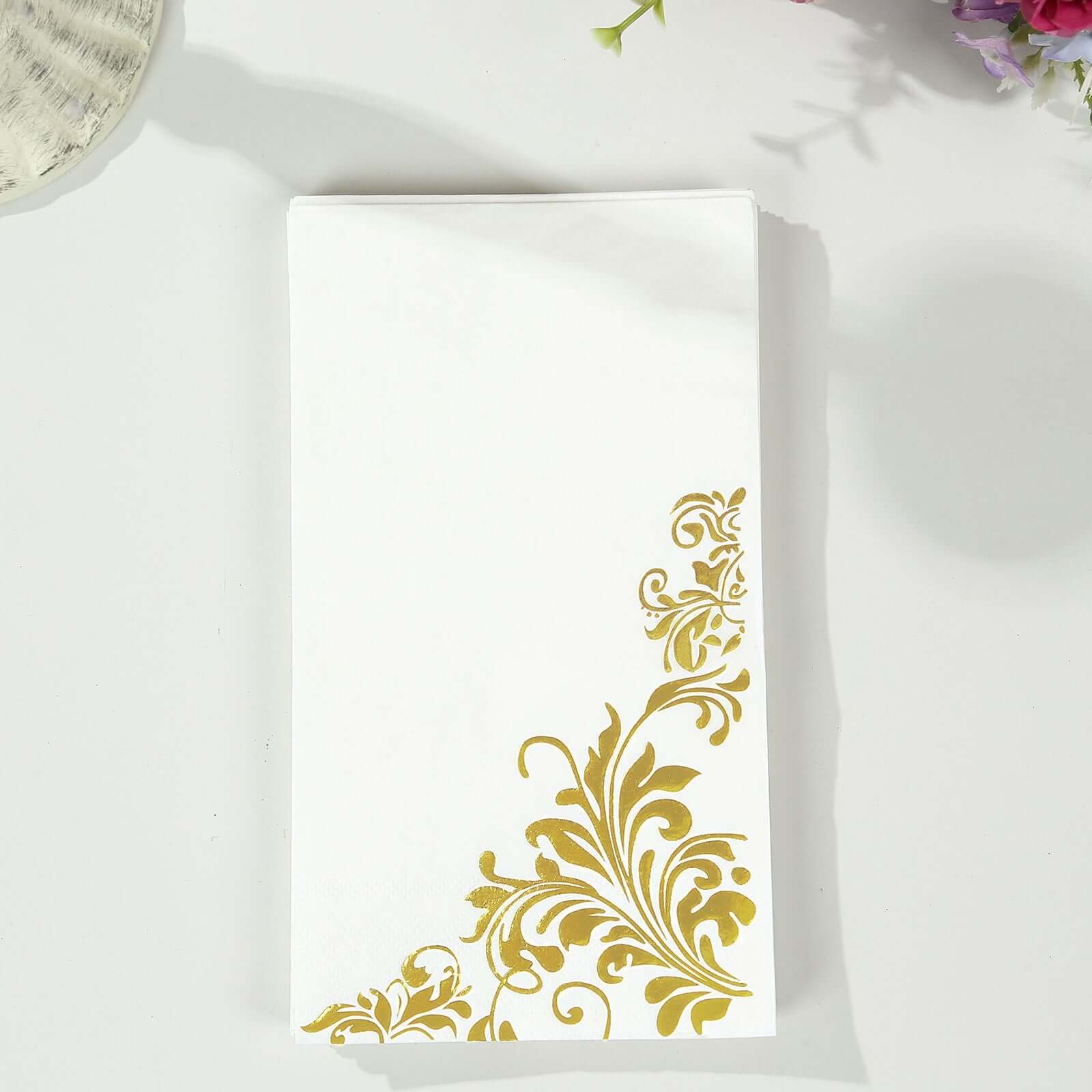 Hot! 50-Pack White Paper Dinner Napkins with Gold Baroque Floral Print