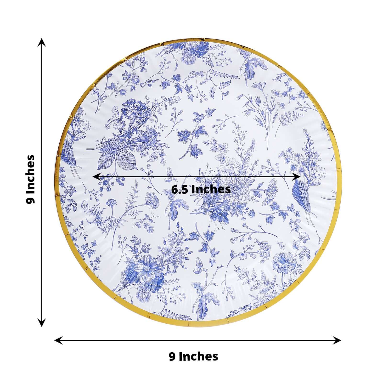25-Pack Disposable 9-Inch White Dinner Plates with Light Blue French Toile & Gold Rim for Picnics and Chic Brunches