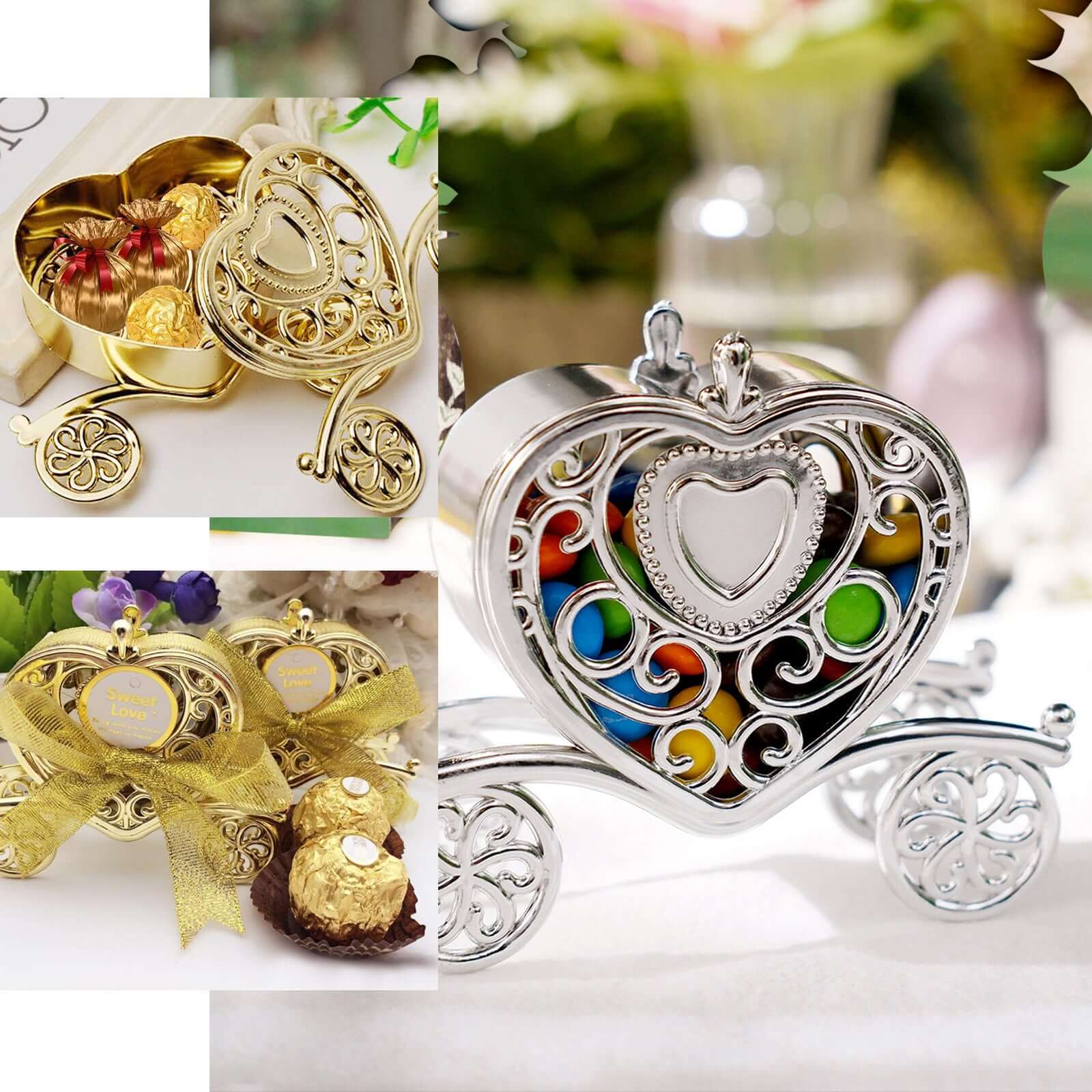 12-Pack Gold Plastic Princess Heart Carriage Party Favor Boxes for Treats