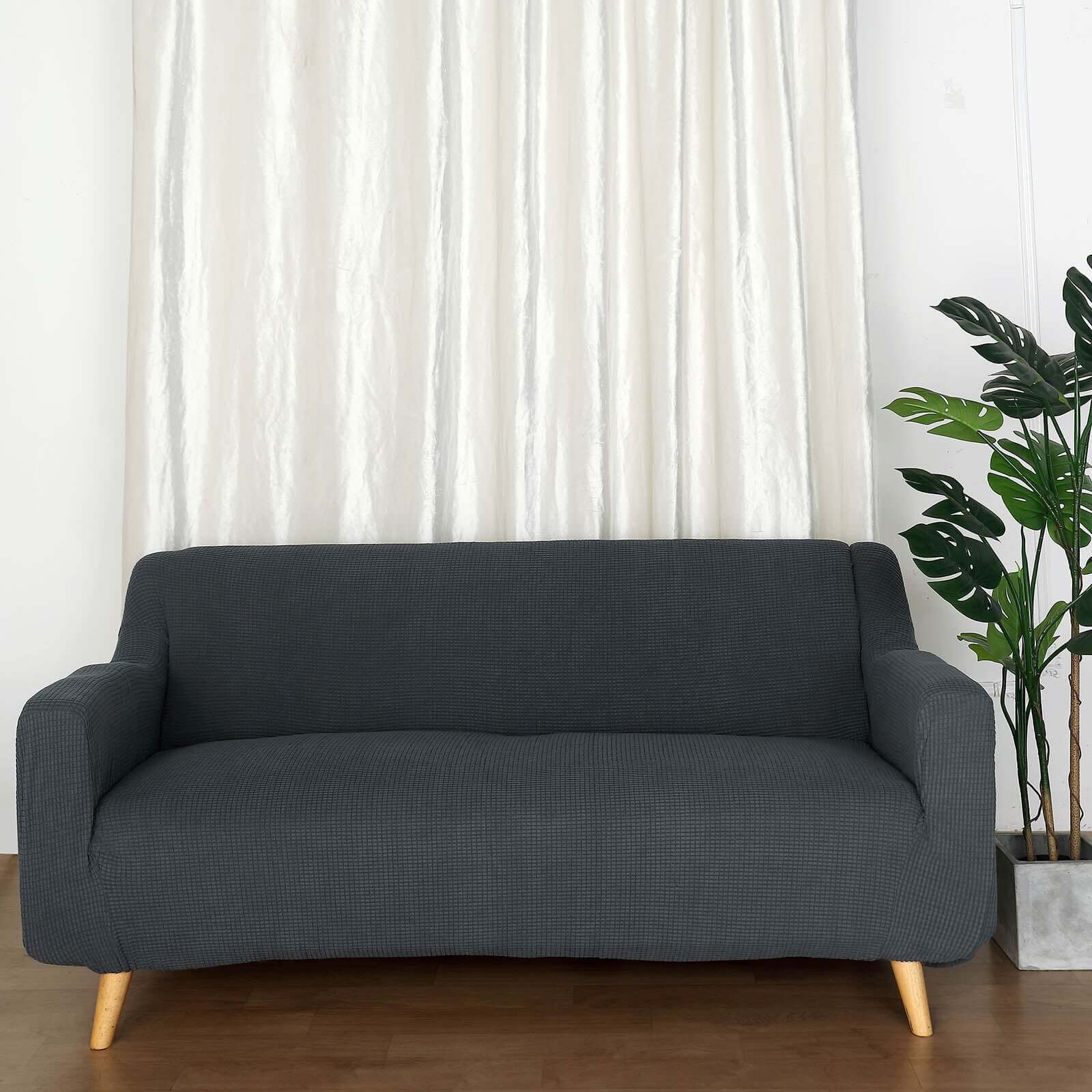 Hot Deal! Charcoal Gray Jacquard Spandex Loveseat Slipcover - 1-Piece Easy Fit Design