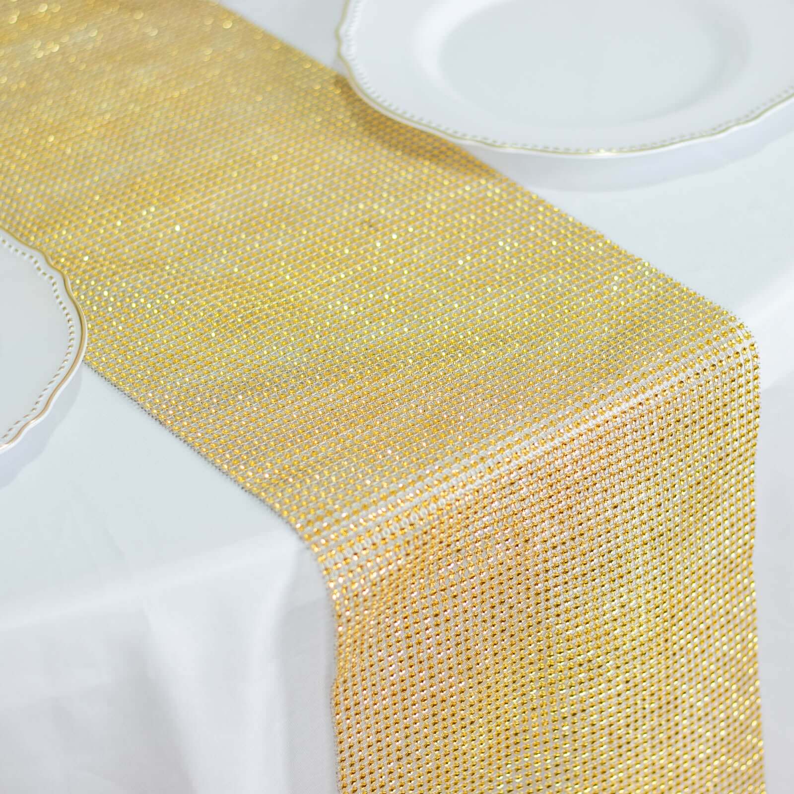 Hot Sale! 10x108 Gold Plastic Table Runner with Luxurious Diamond Mesh Shine