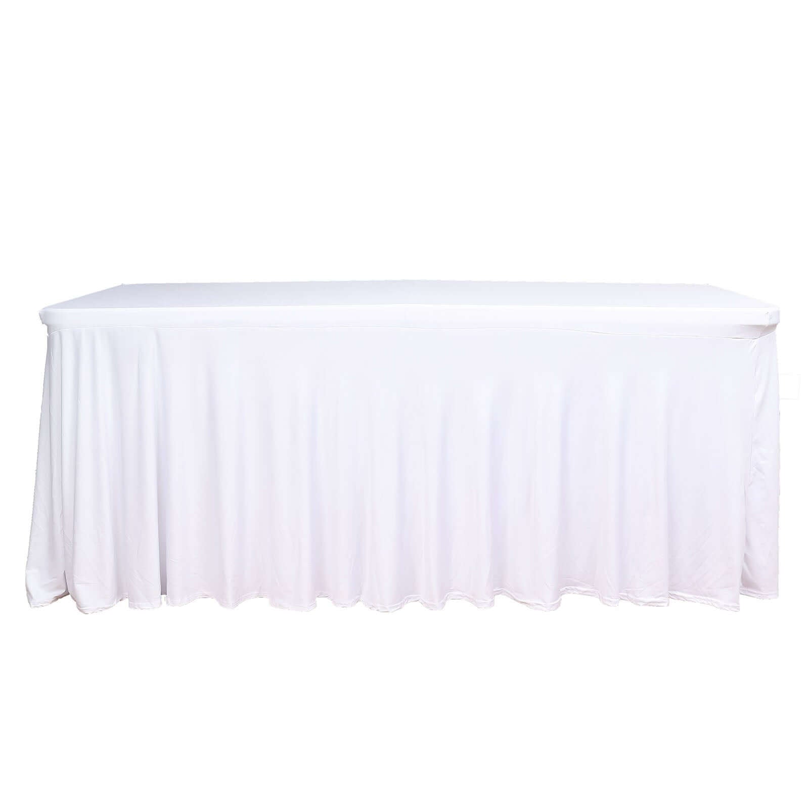 Stylish White Spandex Table Skirt with Wavy Effect for Weddings, Banquets & Trade Shows