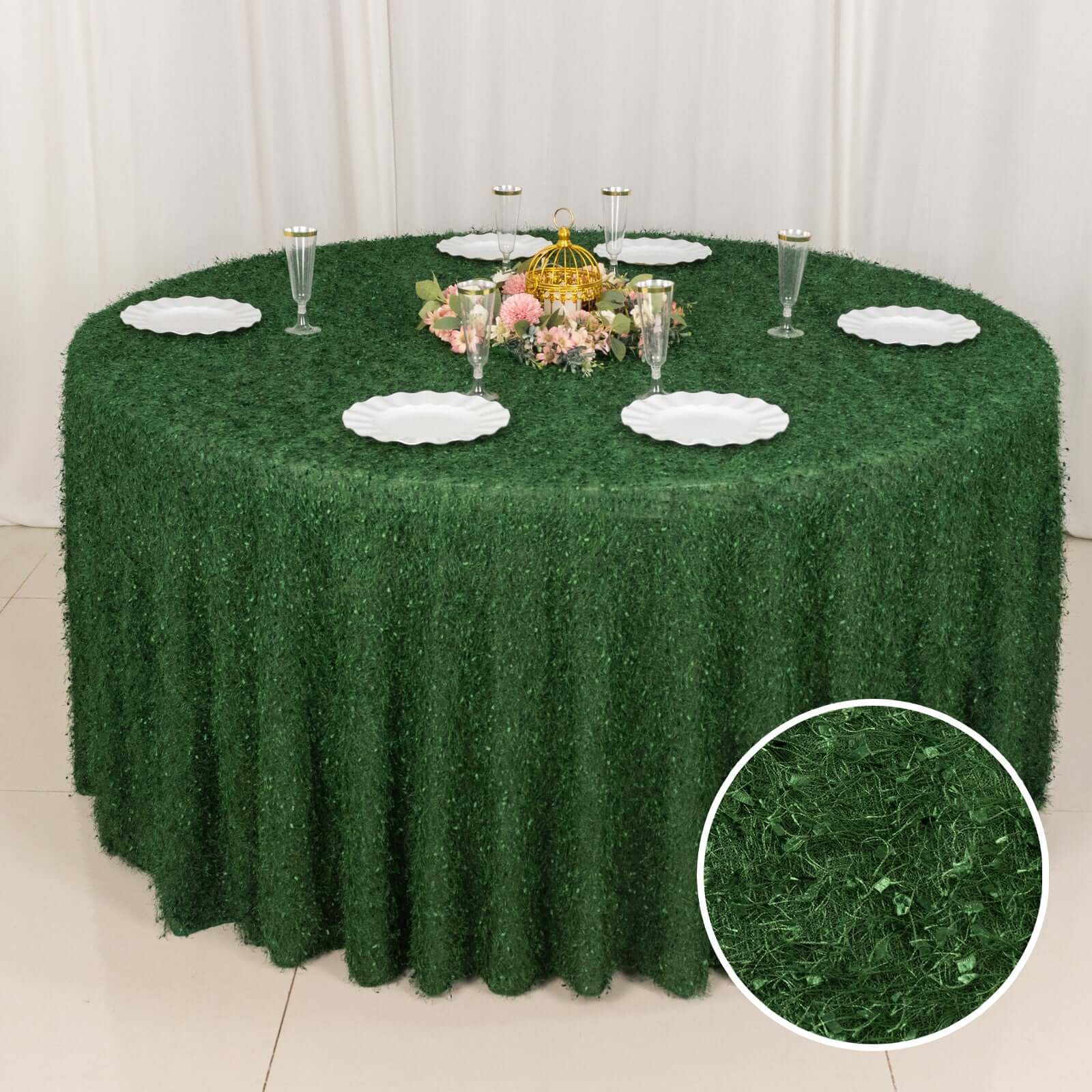 Premium Green Polyester 120 Round Tablecloth with Shaggy Fringe