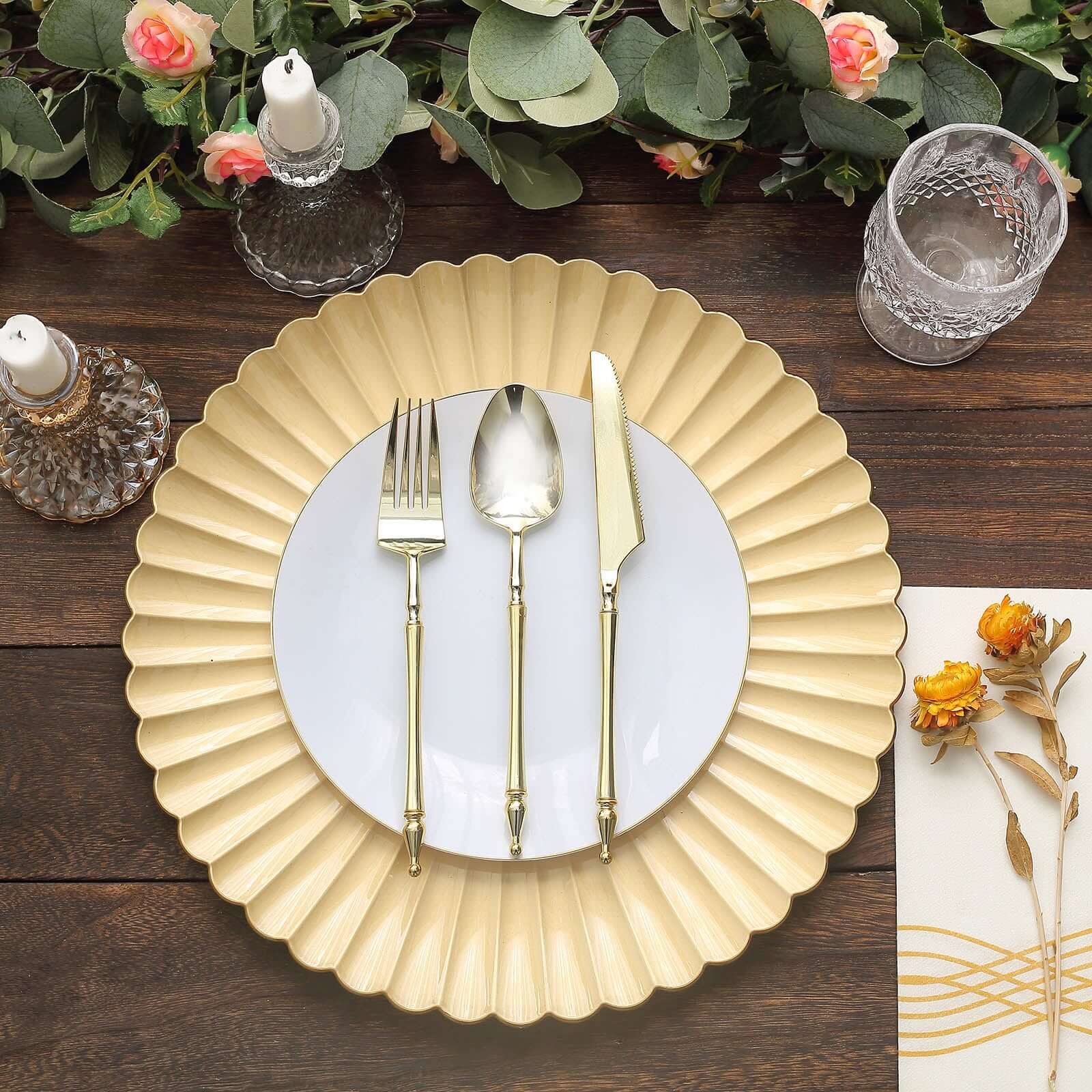 6-Pack Gold Plastic Round Charger Plates, 13 inches, Coastal Style with Scalloped Shell Pattern, Disposable Tableware