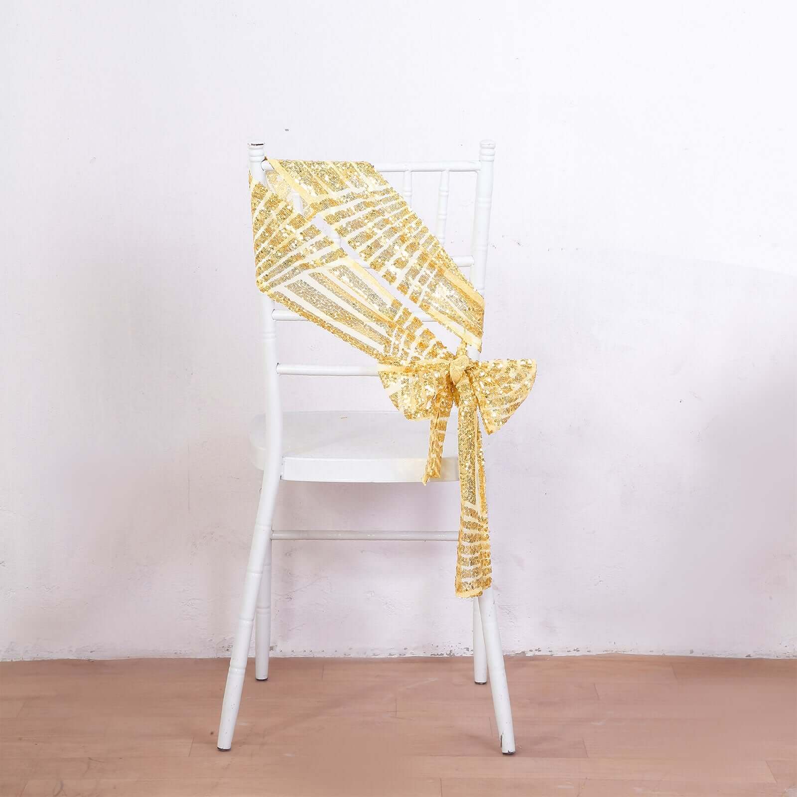 Hot Deal! 5-Pack Gold Glitter Sequin Chair Sashes with Geometric Diamond Design for Weddings