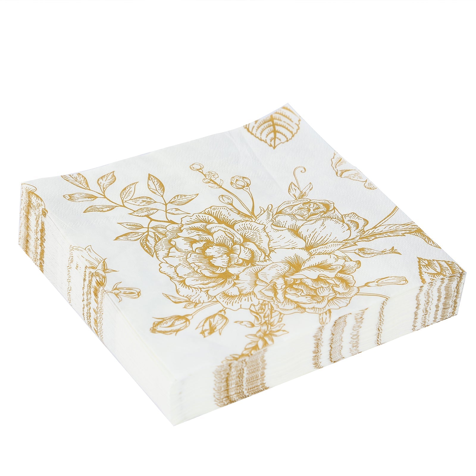 50-Piece Pack of Soft 2-Ply French Toile Floral Patterned Paper Cocktail Napkins in White/Gold - Ideal for Events