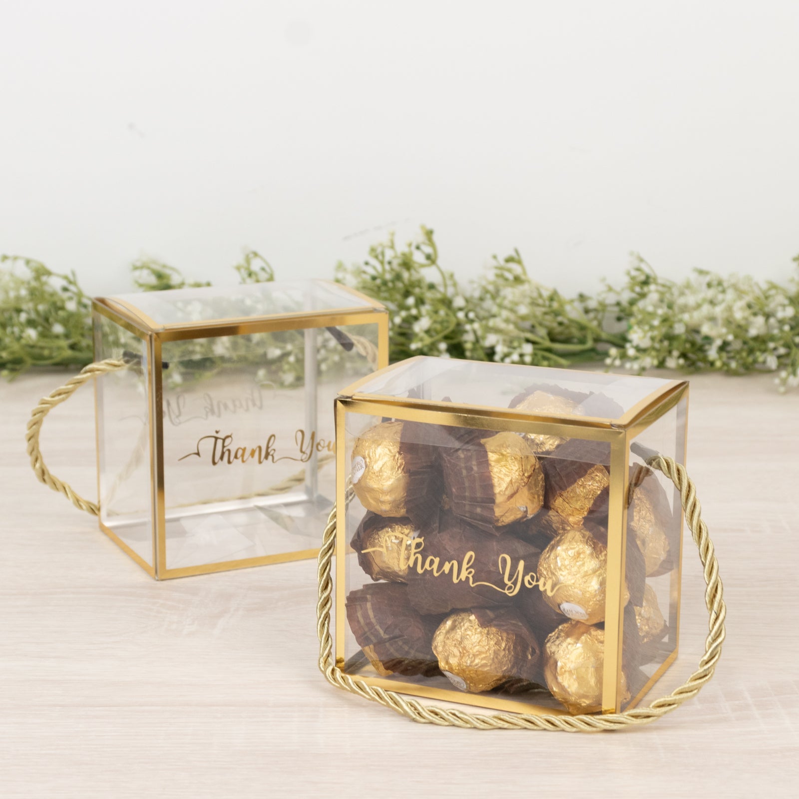 25-Piece Set of Clear Plastic Square Gift Boxes with Gold Trim and Rope Handles, Pre-Printed Thanks