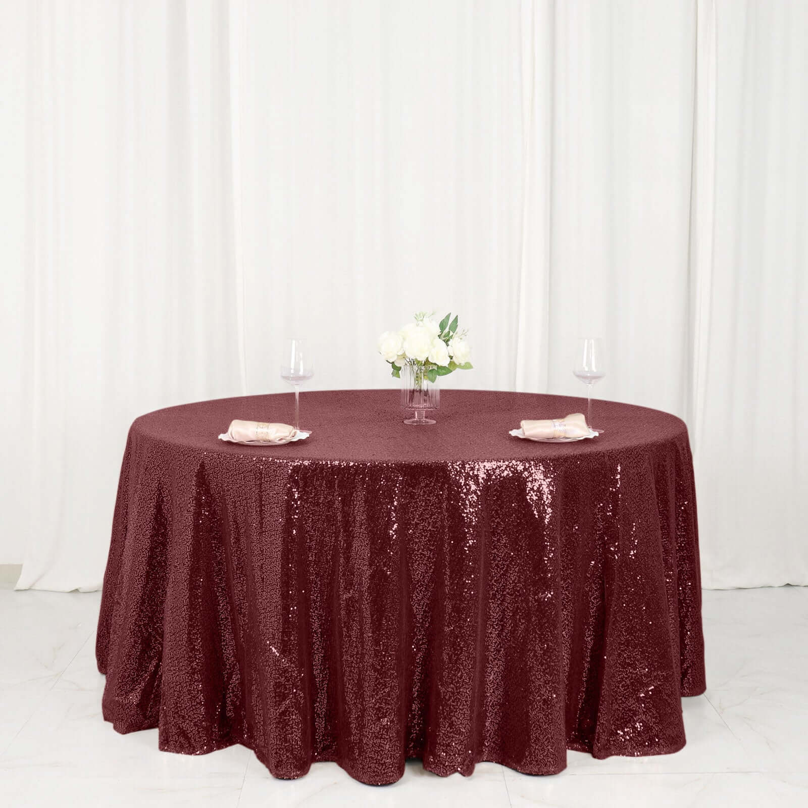 Hot Deal! Burgundy Seamless Glittering Sequin 120-Inch Round Tablecloth for Events