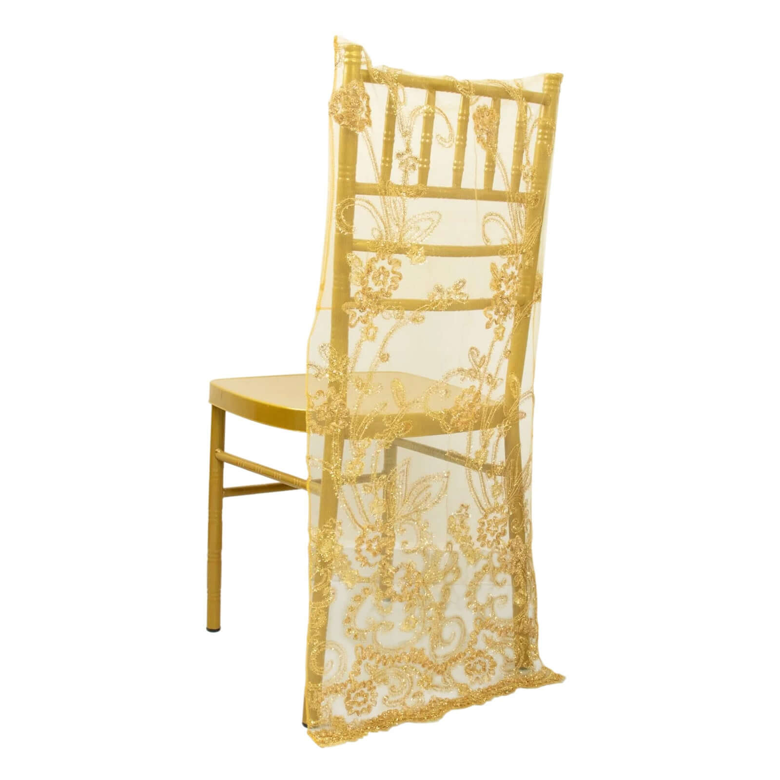 Hot! Gold Floral Sequin Embroidery Organza Chiavari Chair Slipcover