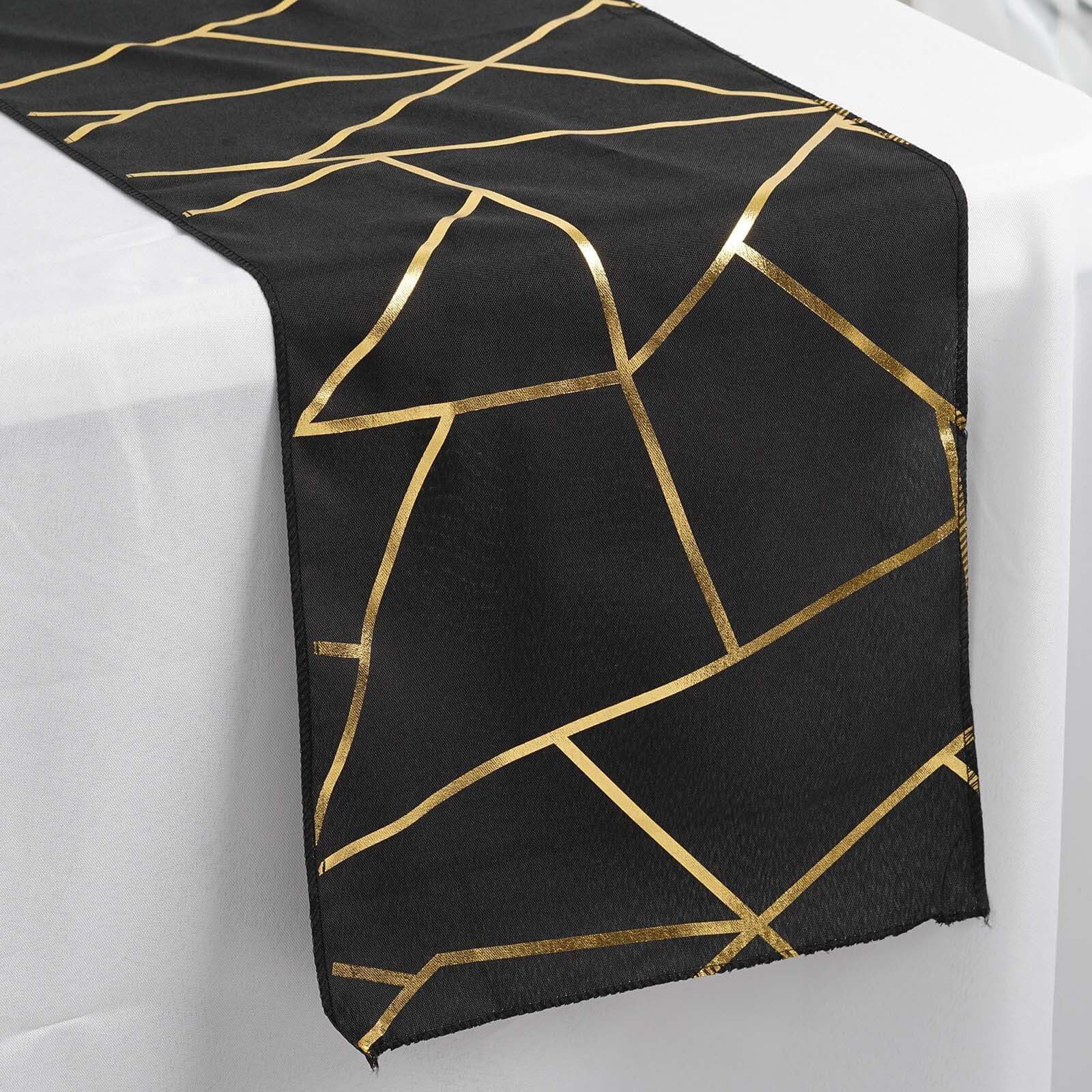 9ft Black Polyester Table Runner with Stunning Gold Foil Geometric Accent