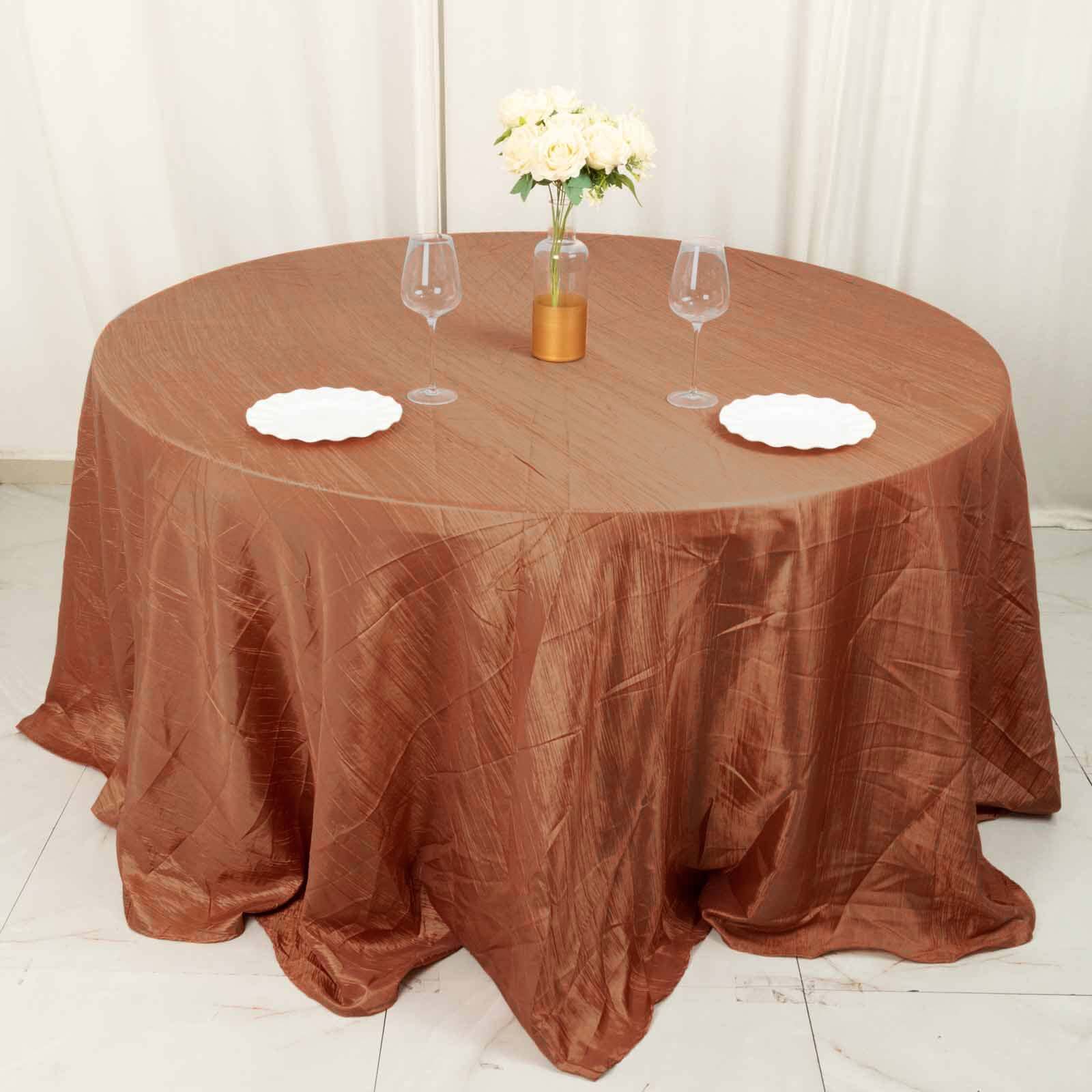 Exclusive Seamless Crinkle Taffeta 132' Round Tablecloth in Terracotta (Rust)