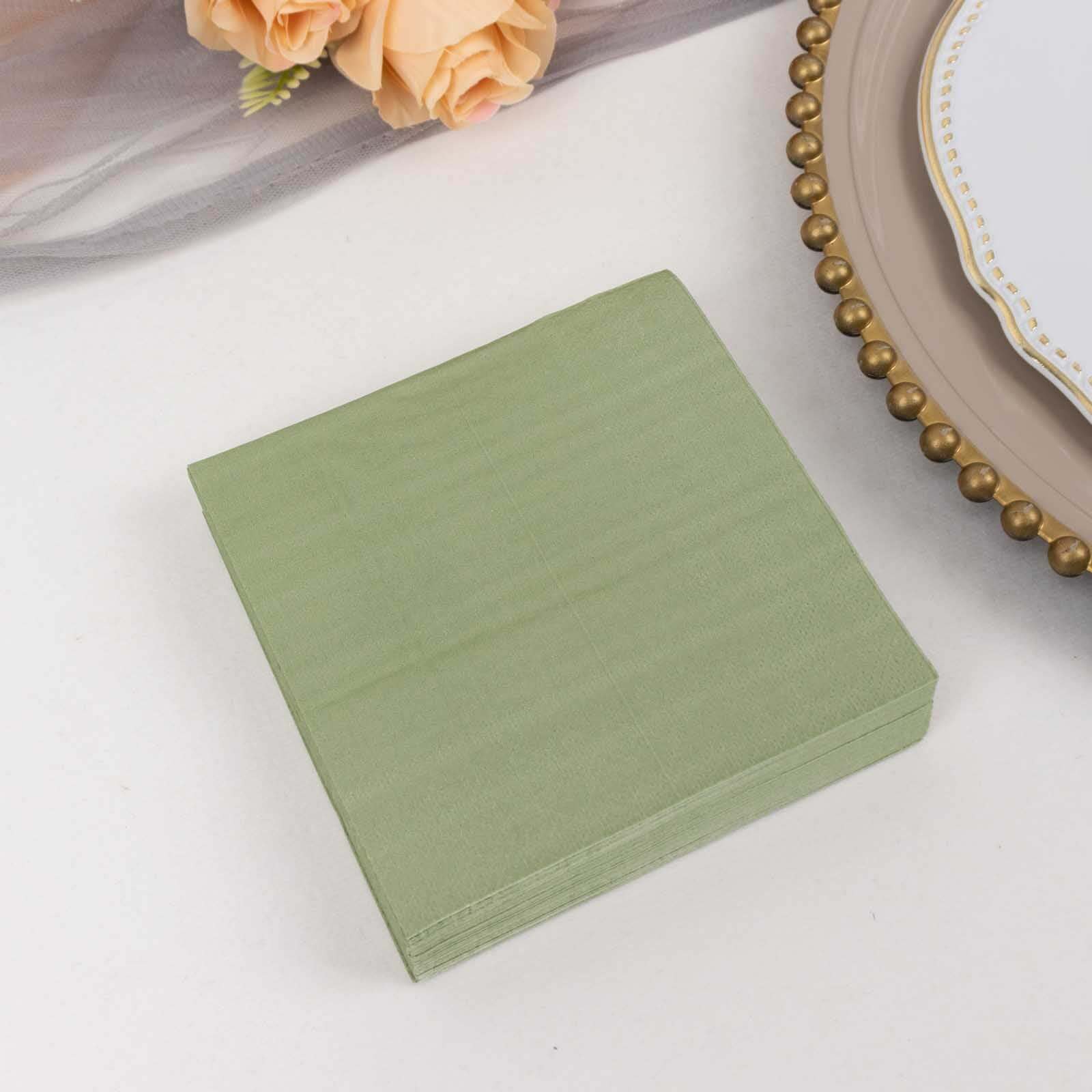 50-Piece Pack of Sage Green 2-Ply Disposable 18GSM Soft Cocktail Paper Beverage Napkins