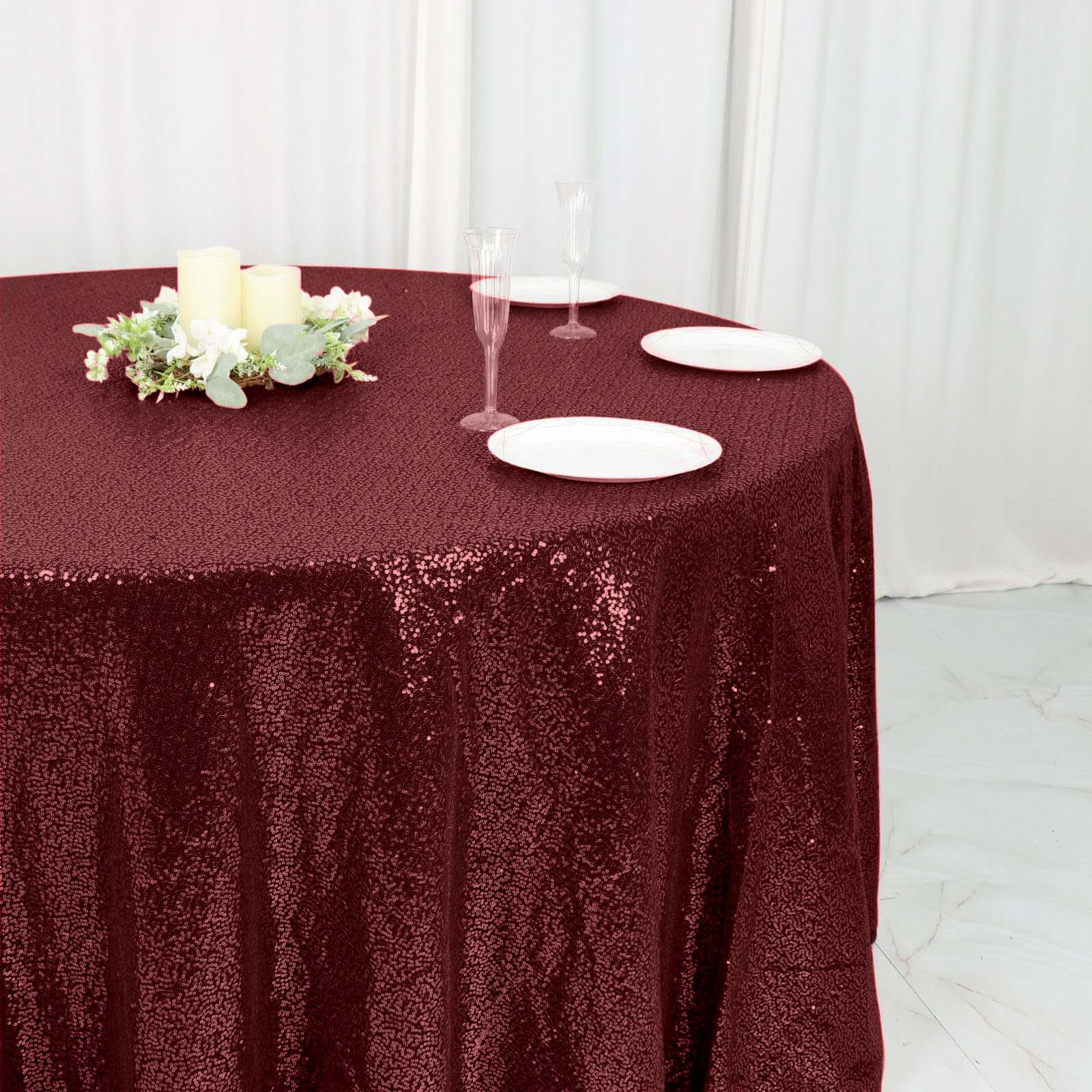 Hot Deal! Burgundy Seamless Glittering Sequin 120-Inch Round Tablecloth for Events