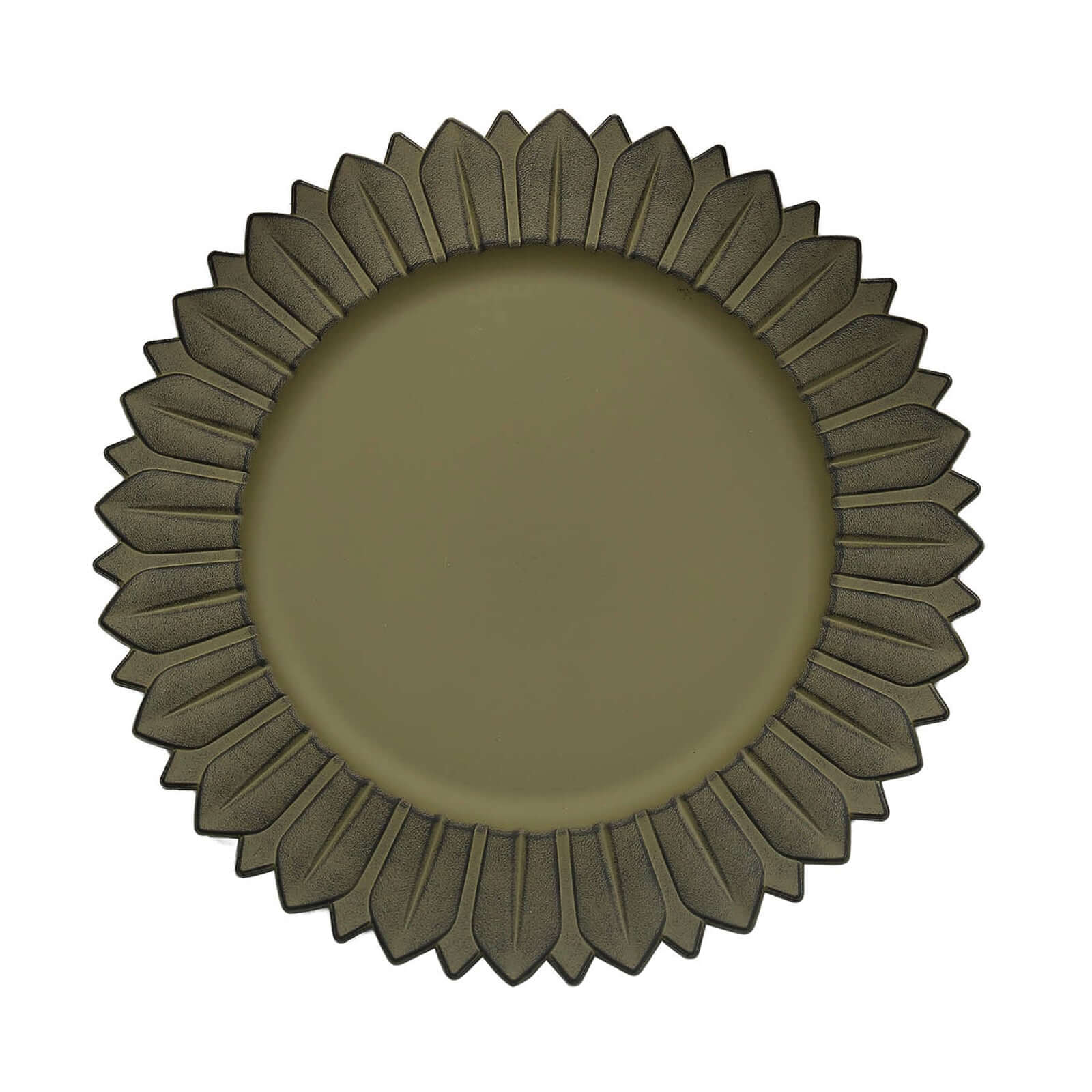 6-Piece Set of 13-Inch Matte Olive Green Plastic Round Charger Plates with Sunflower Rim