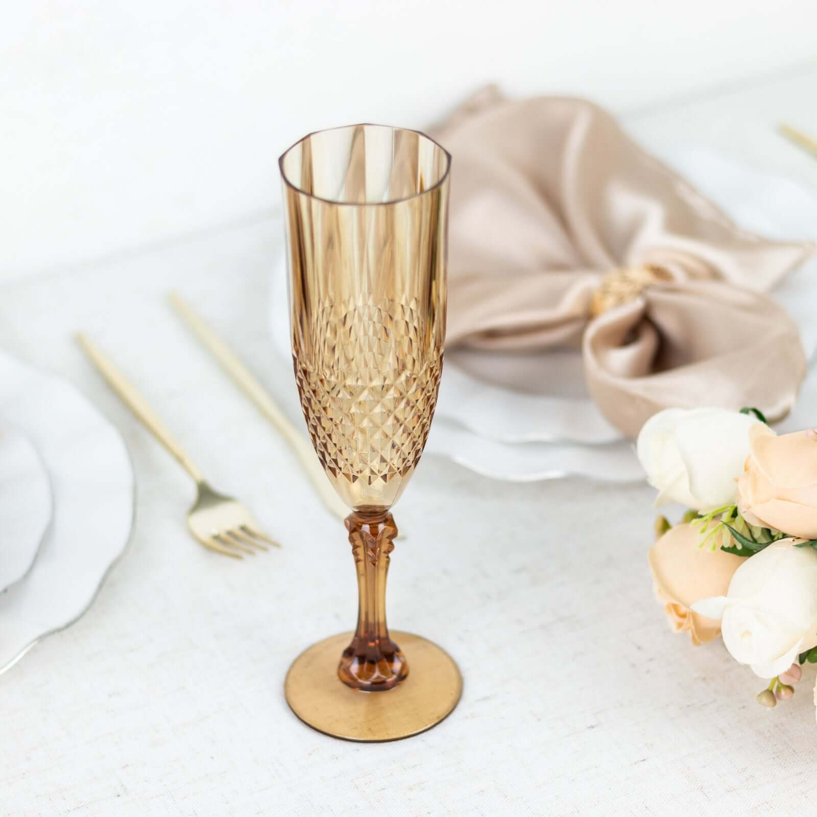 6-Piece Set of Reusable 8oz Amber Gold Plastic Champagne Toast Flutes with Crystal Cut Design
