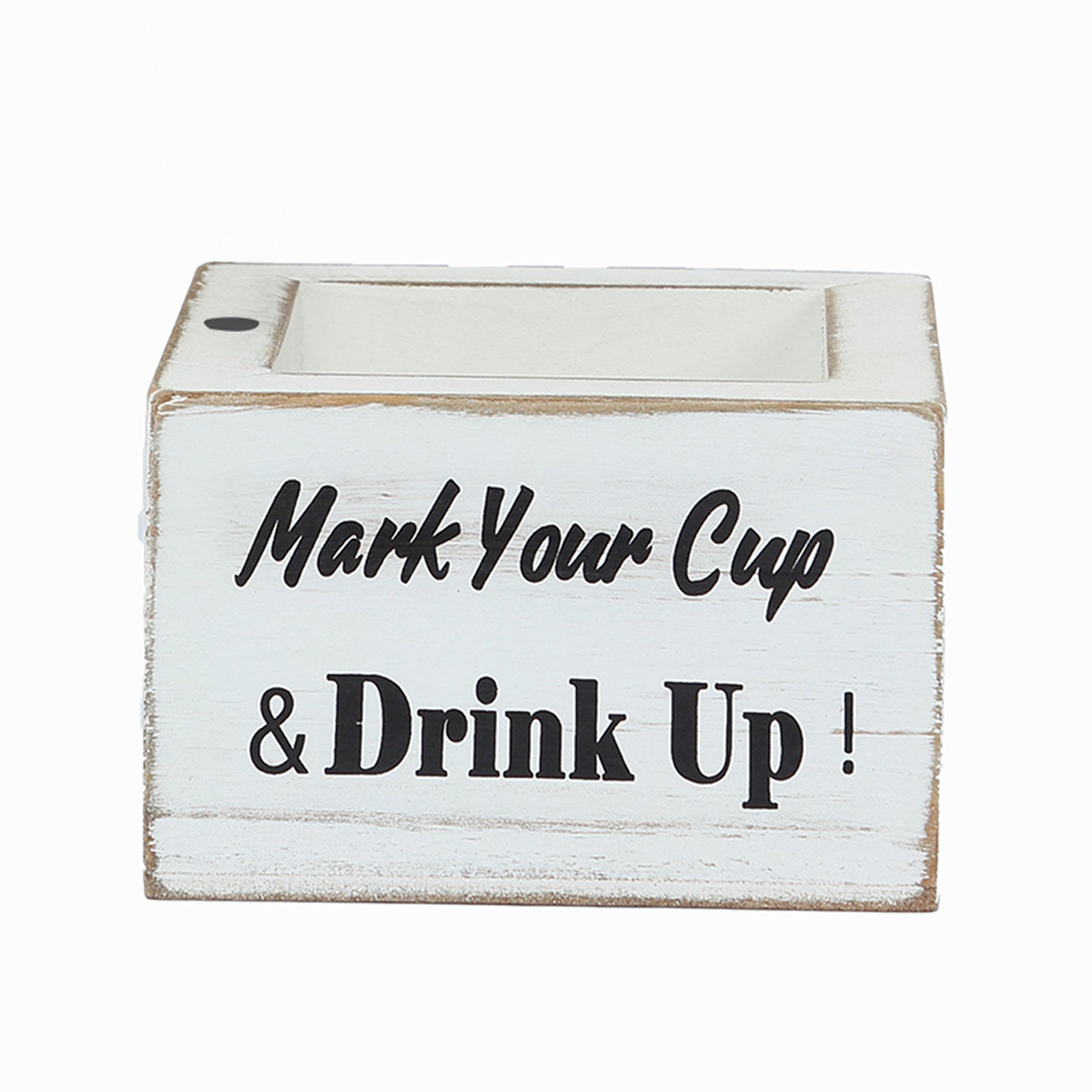 Whitewashed Rustic Wooden Solo Cup Holder with Black Marker for Farmhouse Parties, 5.5 inches