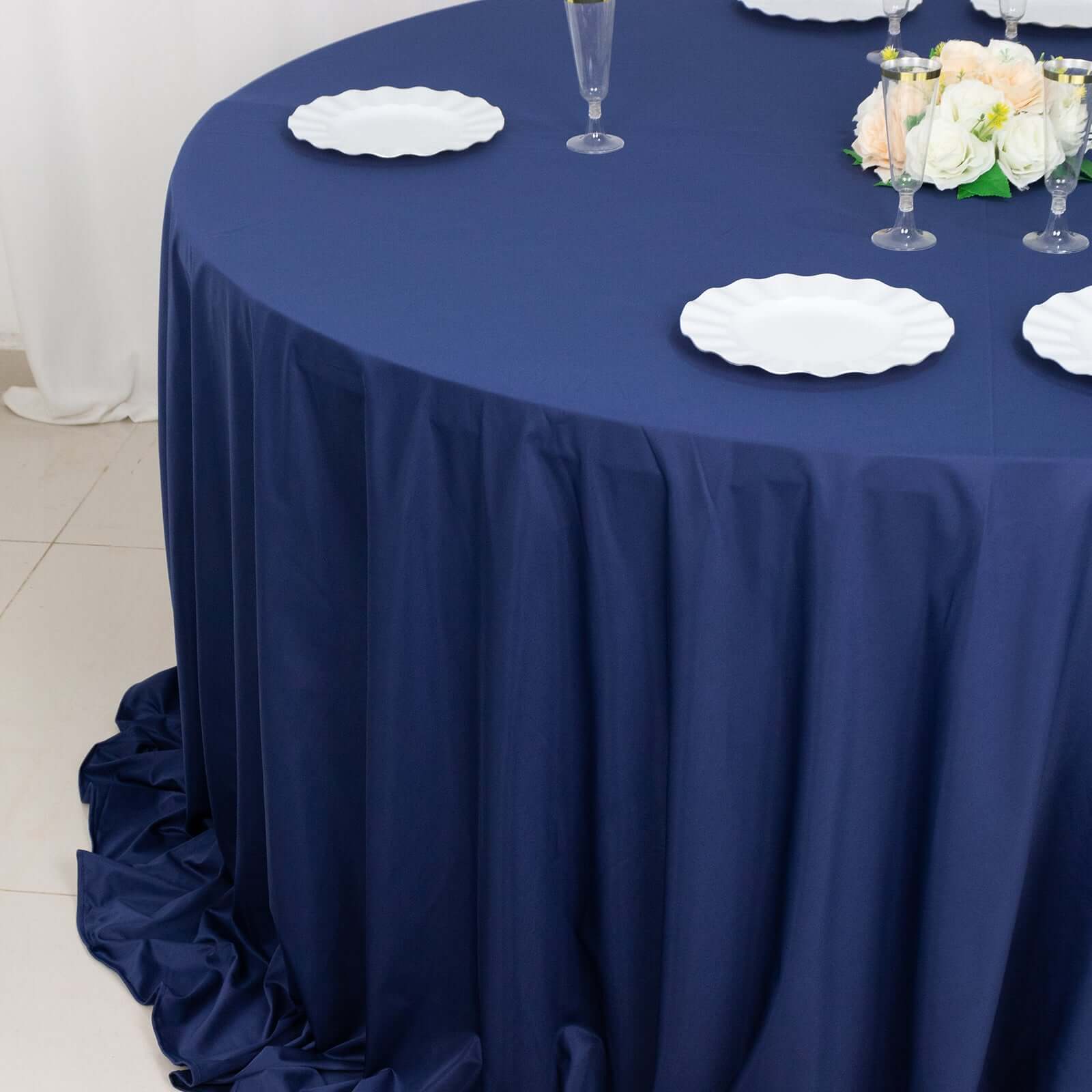 Navy Blue Wrinkle-Free & Stain-Resistant 132' Premium Scuba Round Tablecloth