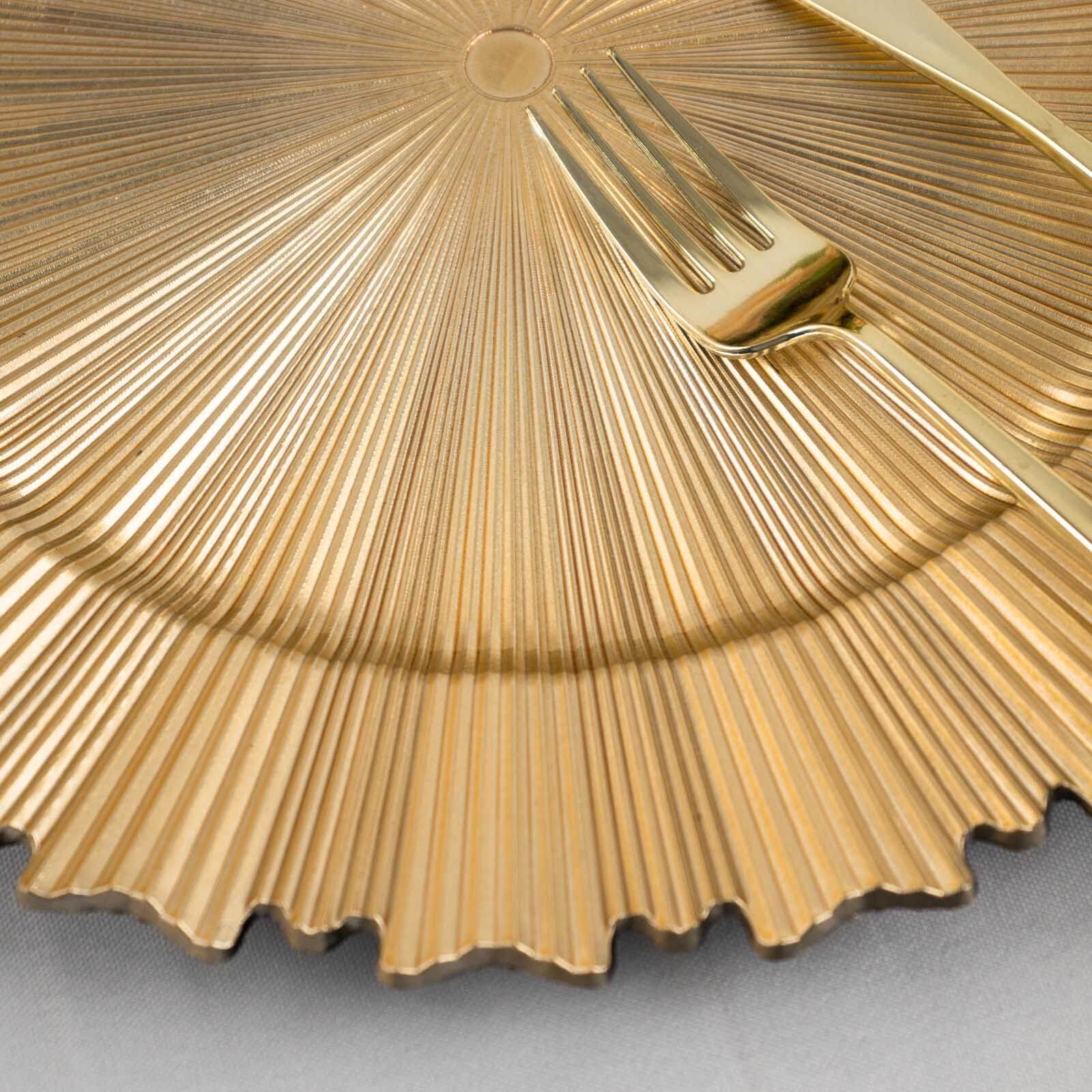 6-Piece Set of 13-Inch Metallic Gold Acrylic Plastic Charger Plates with Sunray Scalloped Edges